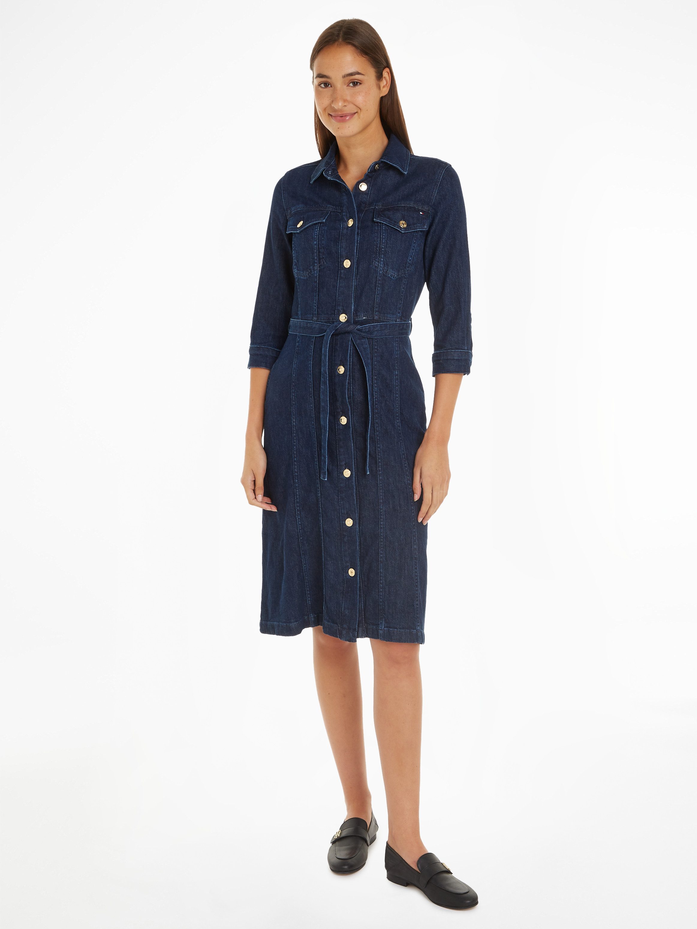 Tommy Hilfiger Jeans jurk DNM LS MIDI BELTED DRESS CLER