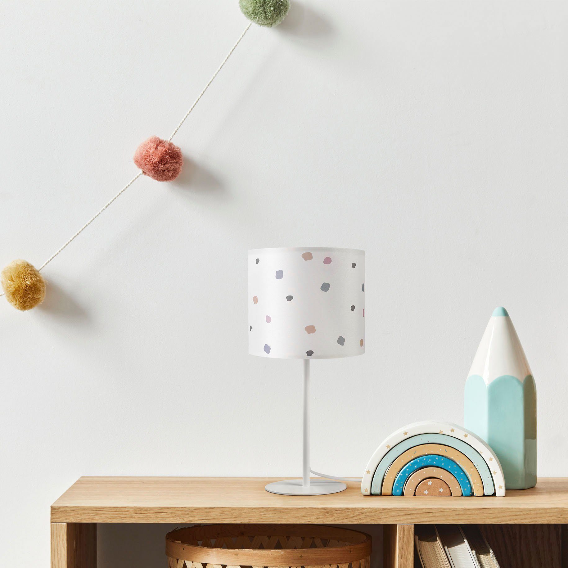 Paco Home Tafellamp Luca Dots Nachtkast stoffen lampenkap rond stippen E14 kleurig retro textiel