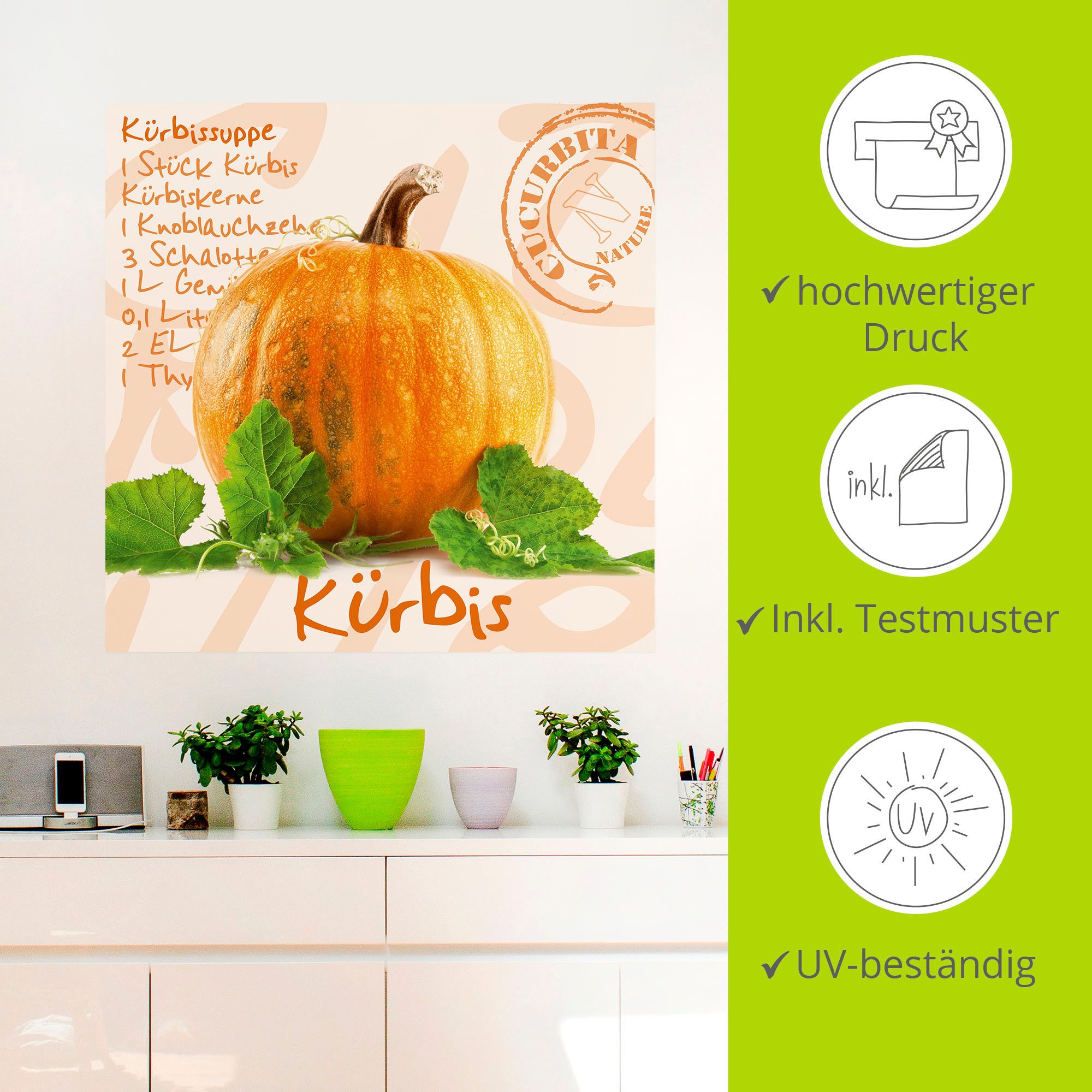 Artland Artprint Gele pompoen met groene bladeren als poster, muursticker in verschillende maten