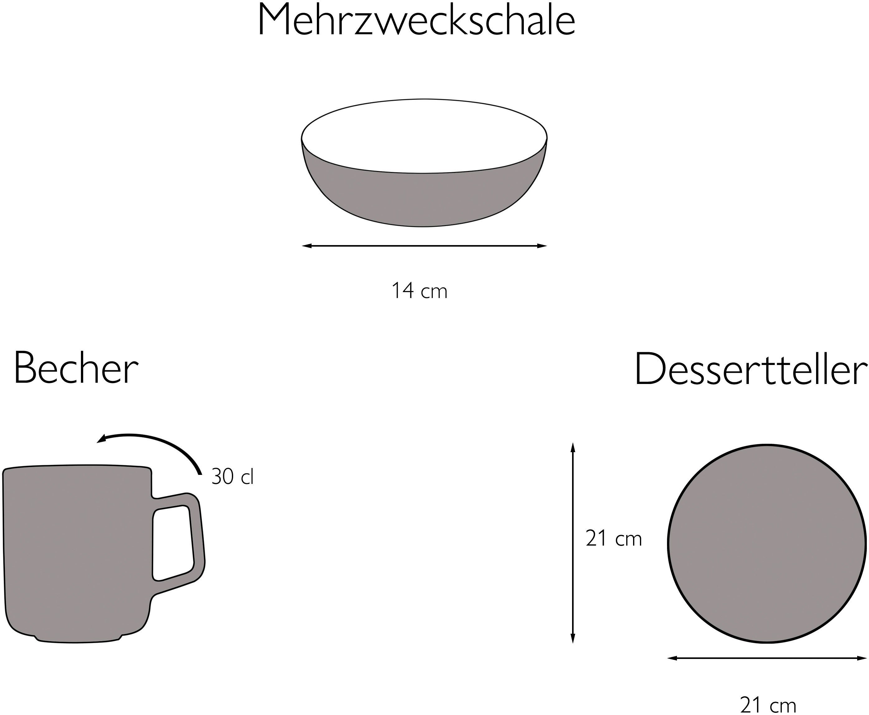 CreaTable Ontbijtserviesset Service, Cosy Morning (bord, schaal, koffie beker) Cirkelstructuur, in pastelkleuren, 12 delen, voor 4 personen (set, 12-delig)