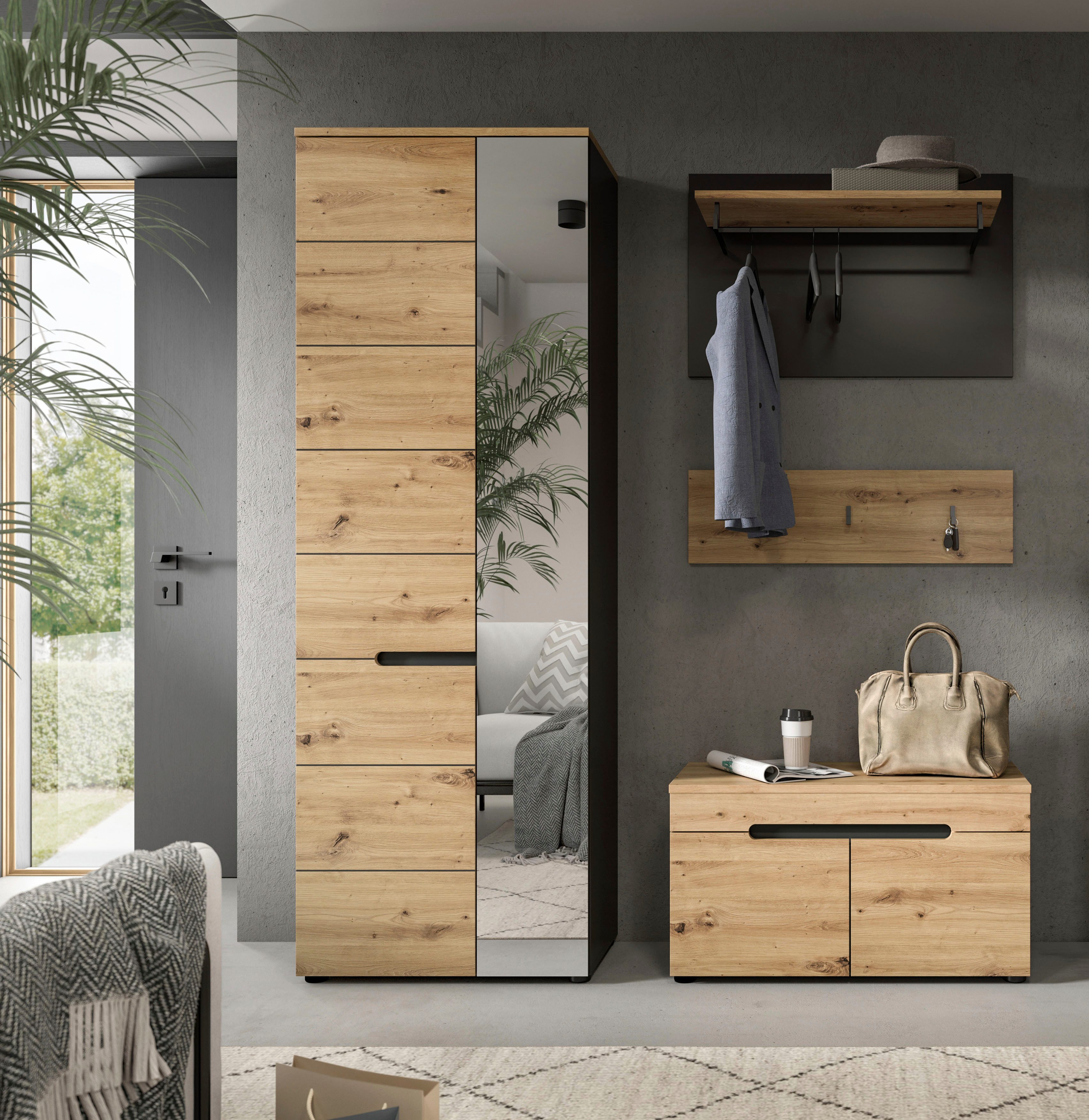 INOSIGN Halmeubelset Garderobekombinatie Rehat, Breedte 160cm, in Basaltgrijs/Artisan Eik Halmeubelen, gangmeubelen, combinatie, hal, garderobe, garderobemeubelen (3 stuks)