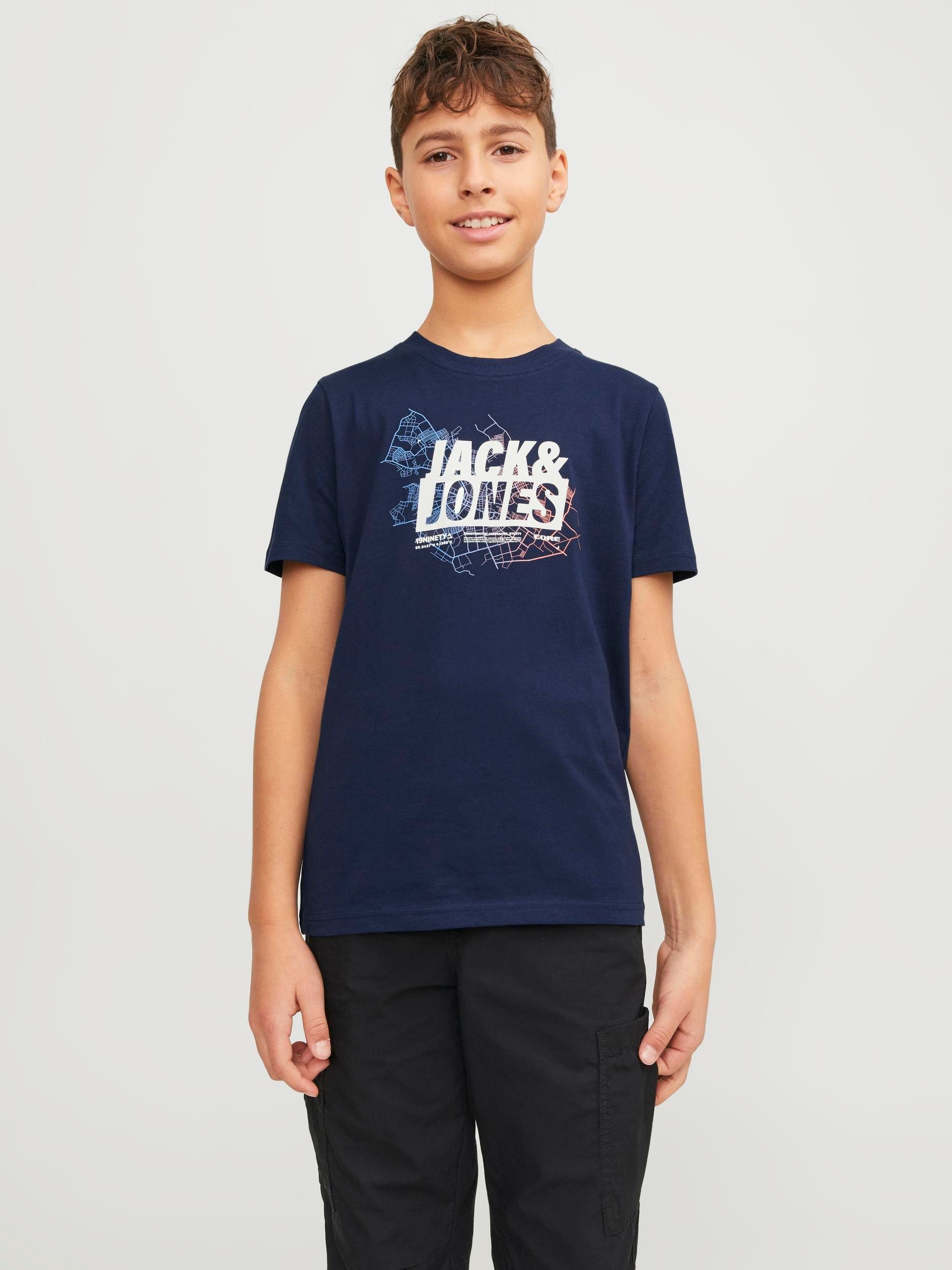 Jack & jones JUNIOR T-shirt JCOMAP met printopdruk donkerblauw Jongens Katoen Ronde hals 140