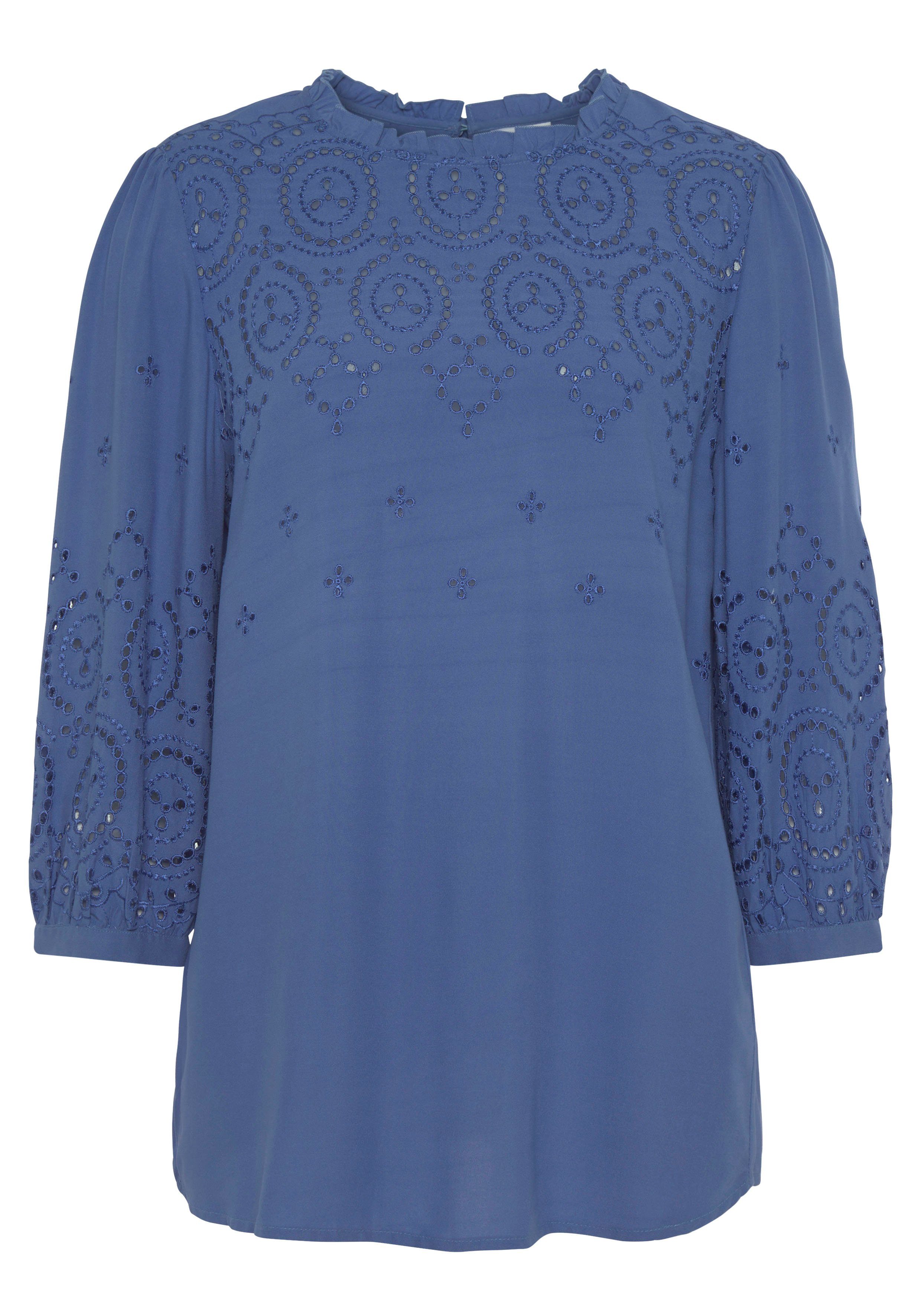 Lascana Blouse zonder sluiting met gaatjesborduurwerk en subtiele ruches, 3/4-mouwen damesblouse