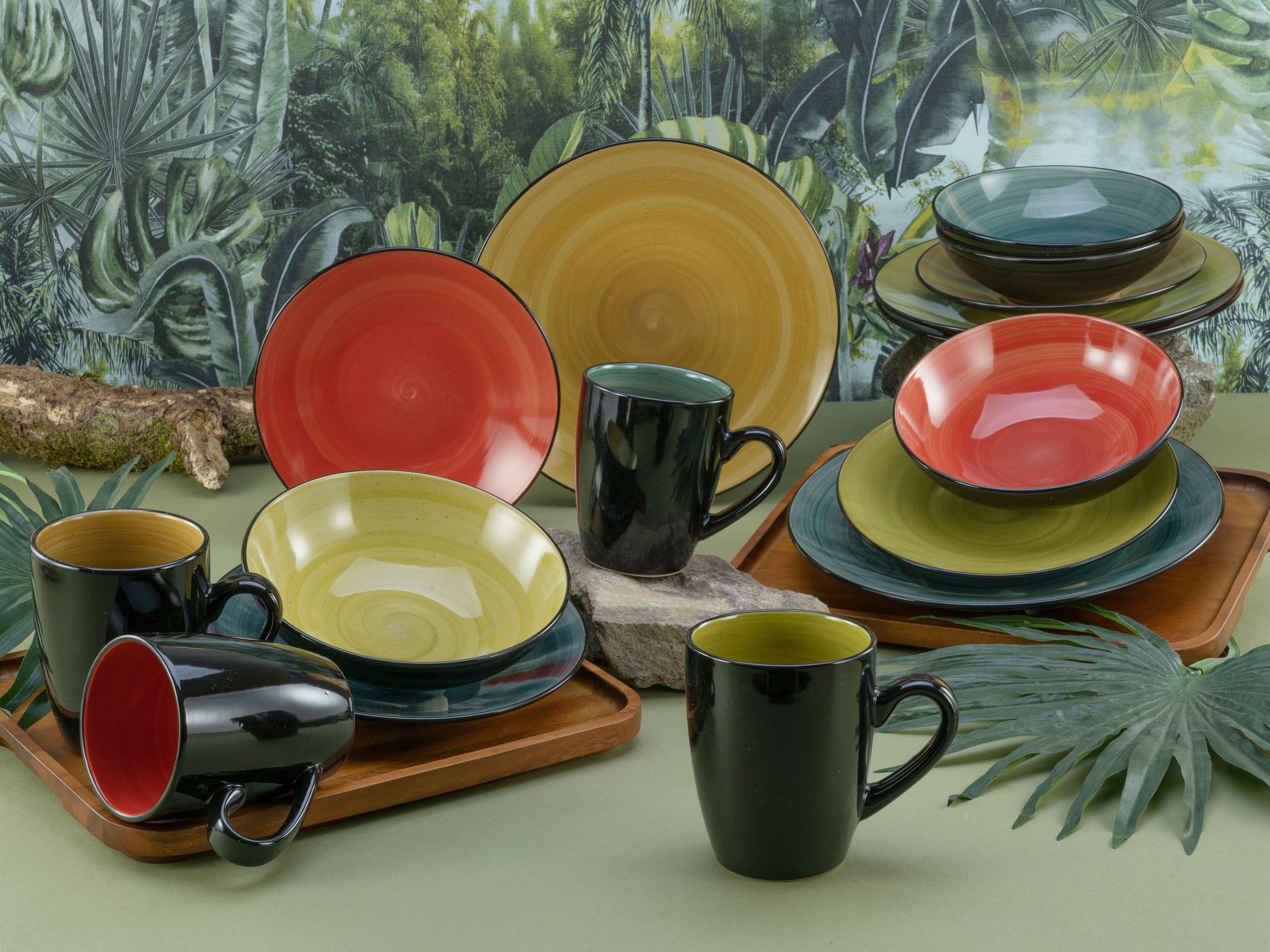 CreaTable Combi-servies Servies-set Samoa Servies, met de hand geschilderde spiraaldecoratie, 16 delen, voor 4 personen (set, 16-delig)