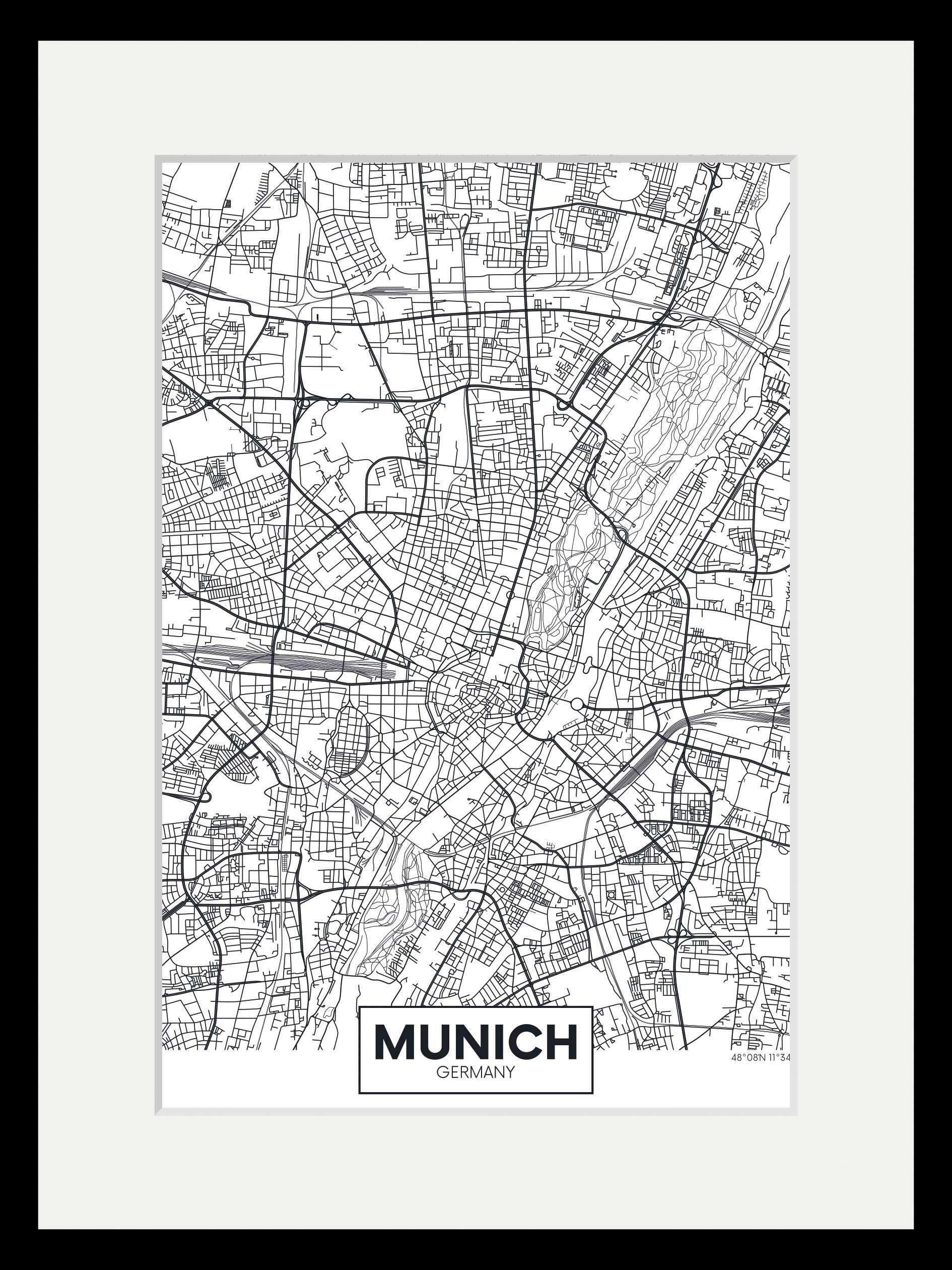 queence Wanddecoratie Munich stadskaart HD premium posterdruk incl. houten lijst (1 stuk)