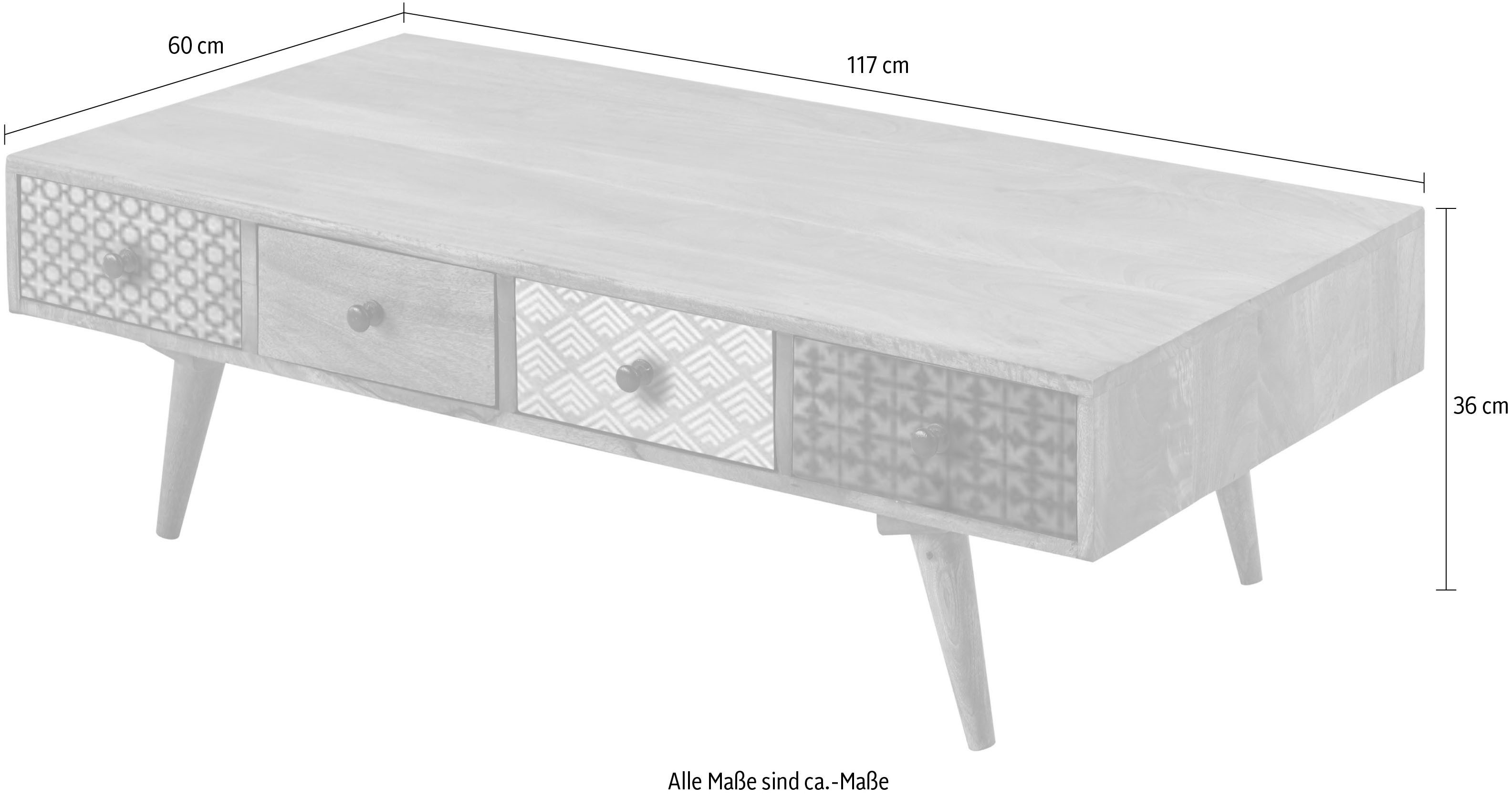 Stolkom Salontafel Shari salontafel met lades, massief hout BxHxD 117x36x60 cm Massief mango hout, 8 lades met verschillende gemusterde fronten