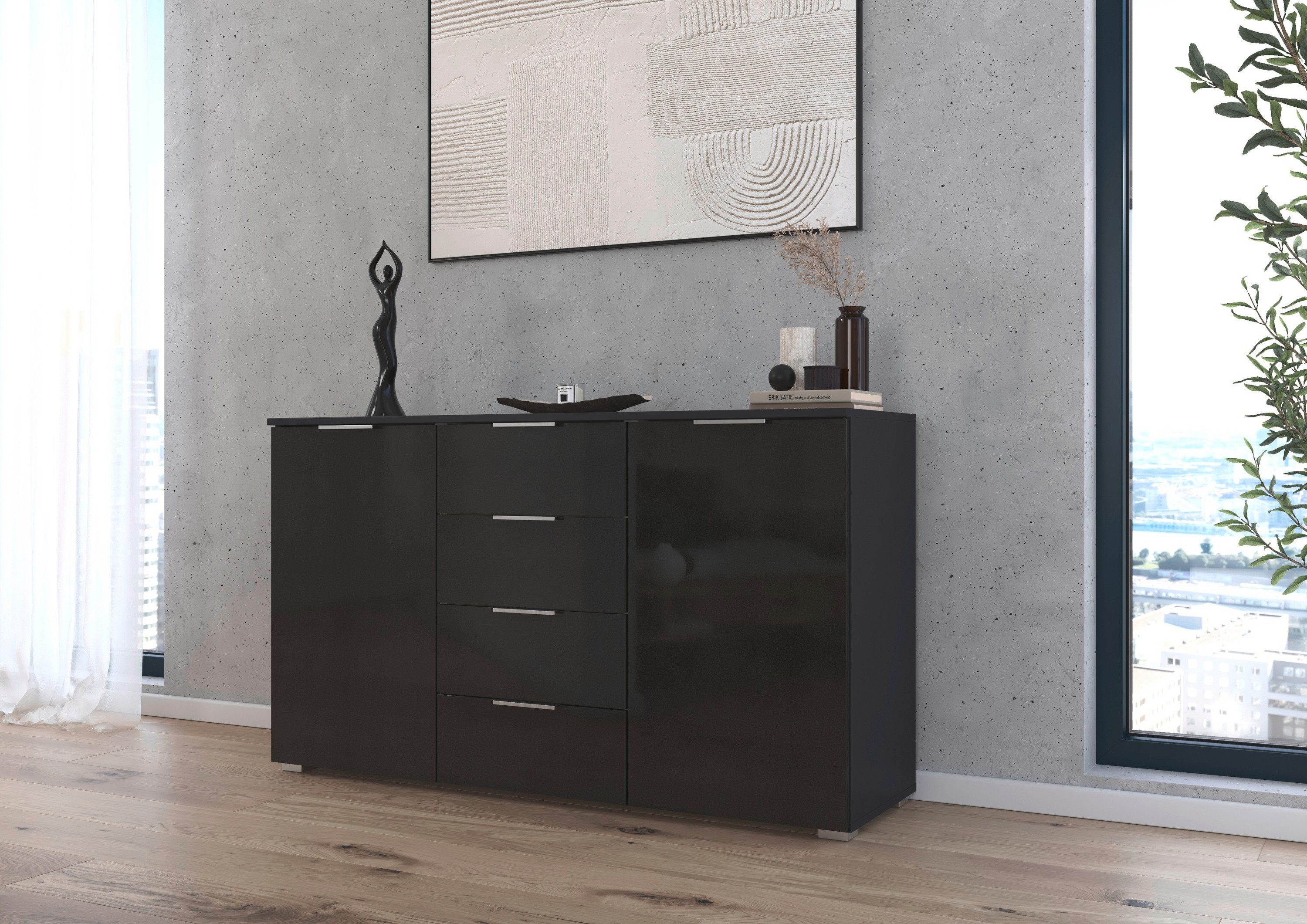 rauch Kast met laden en deuren Sideboard AGORDO met decor- of hoogglansfront met 4 lades en 2 deuren en metalen grepen made in germany