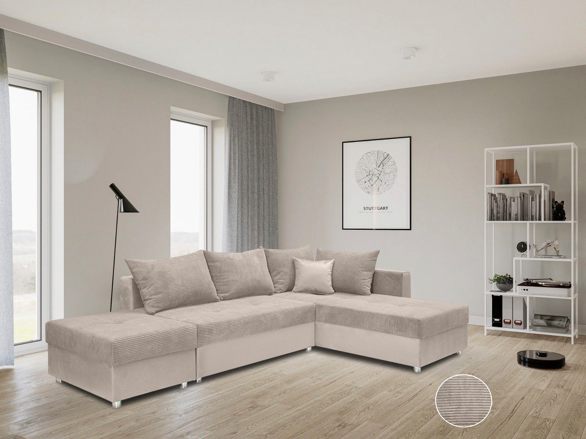 COLLECTION AB Hoekbank Italia L-vorm met slaapbank functie en bedbox, in mix van fluweel en ribfluweel