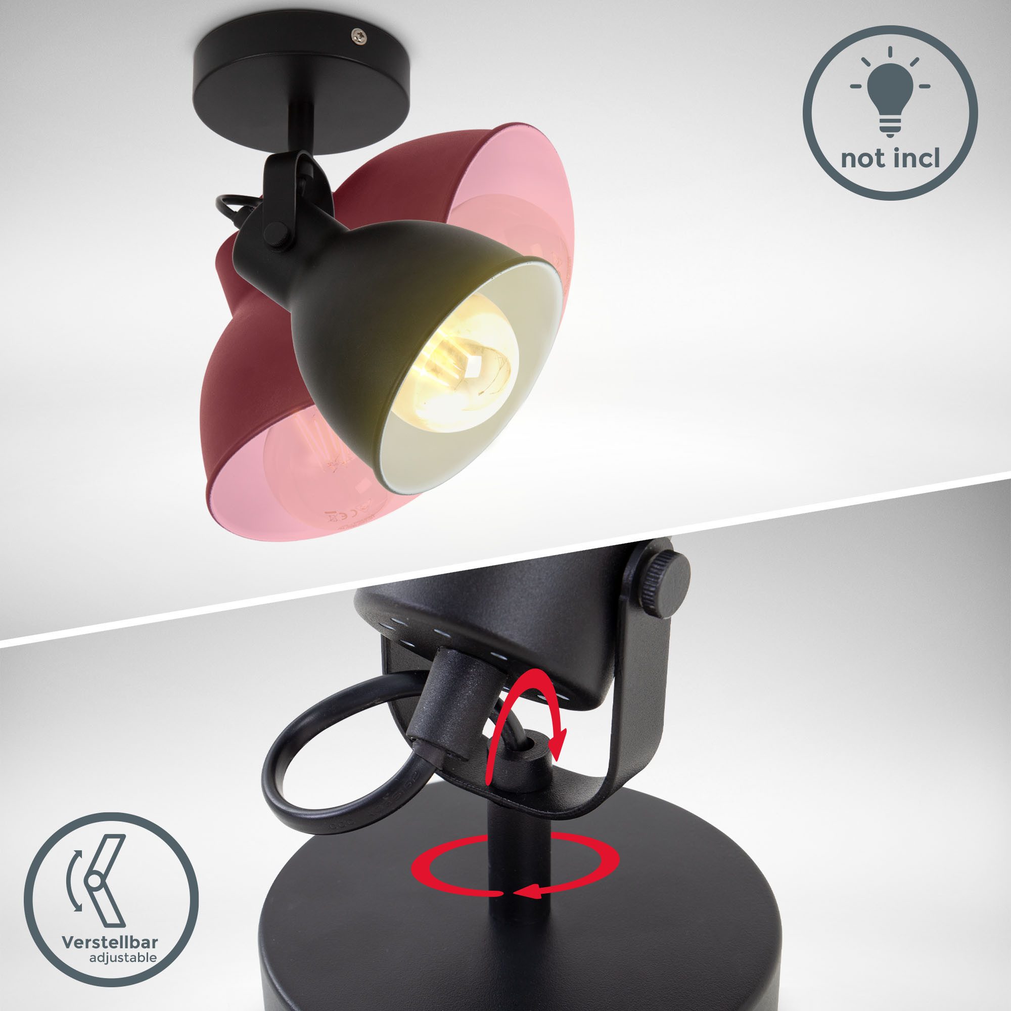 B.K.Licht Wandlamp Design spotlamp, metaal, zwart, E27-fitting (1 stuk)