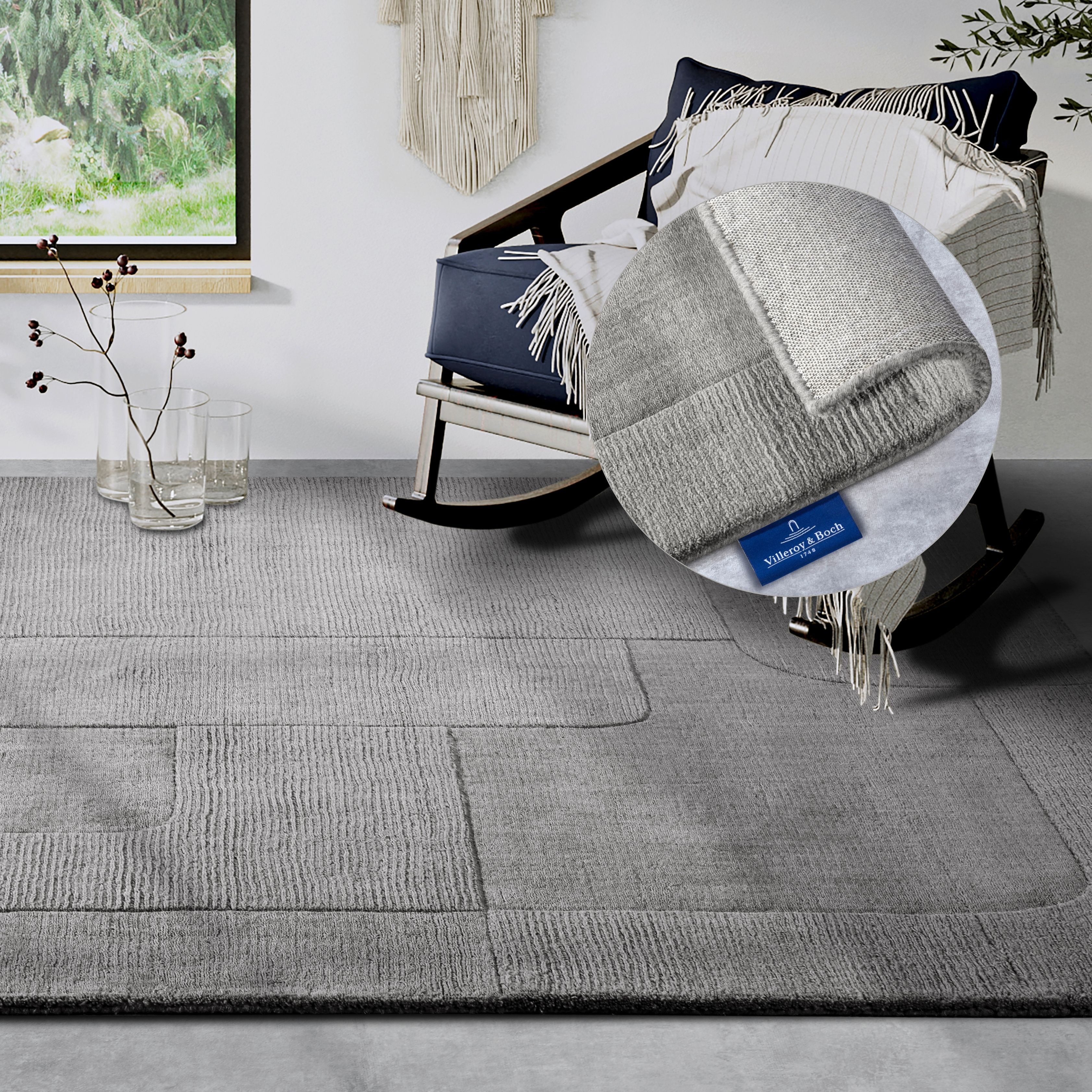 Villeroy & Boch Wollen kleed Charlotte Loper, handgeweven, wol, natuur, loper, woonkamer, geometrie wollen vloerkleden grijs