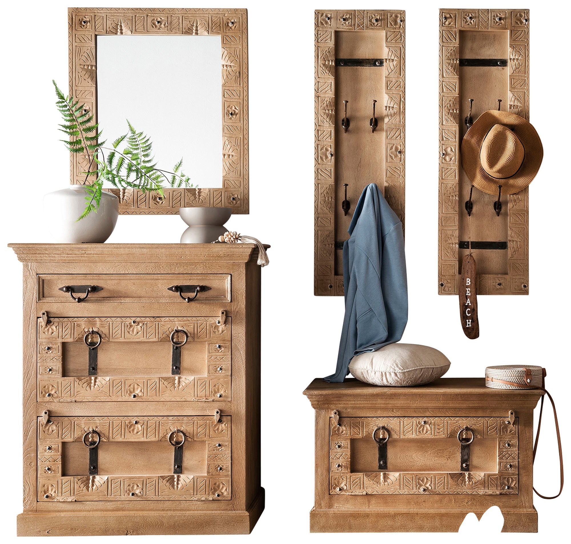 SIT Halmeubelset Front met ingewikkelde houtsnijwerk, ringgrepen & beslag van metaal (set, 5-delig) wandkapstokken beige