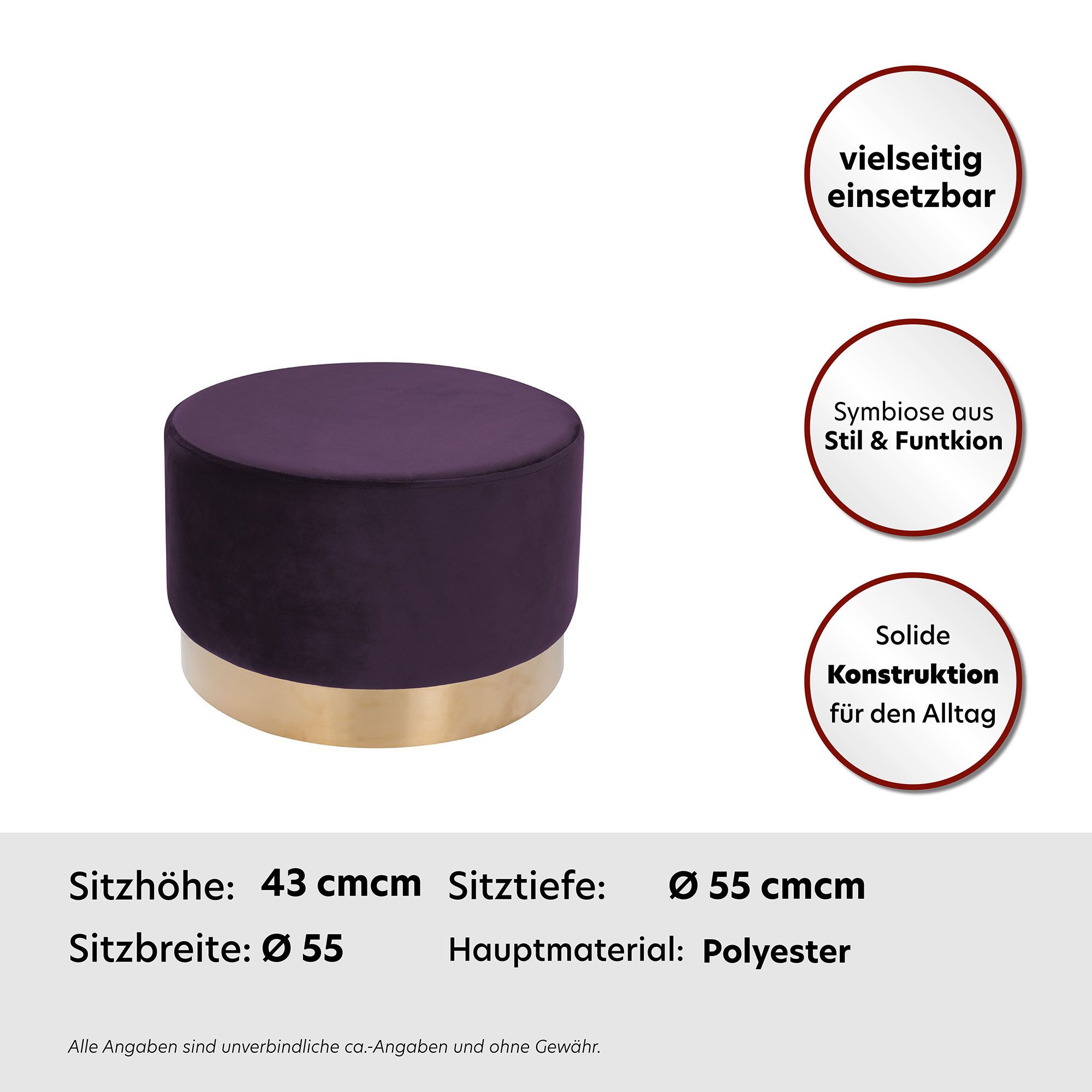 Kayoom Hocker Nano 510, hocker in stijlvol ontwerp, zachte schuimzitting Goudkleurige accenten, met onderhoudsvriendelijke stofbekleding, grote ronde vorm (1 stuk)