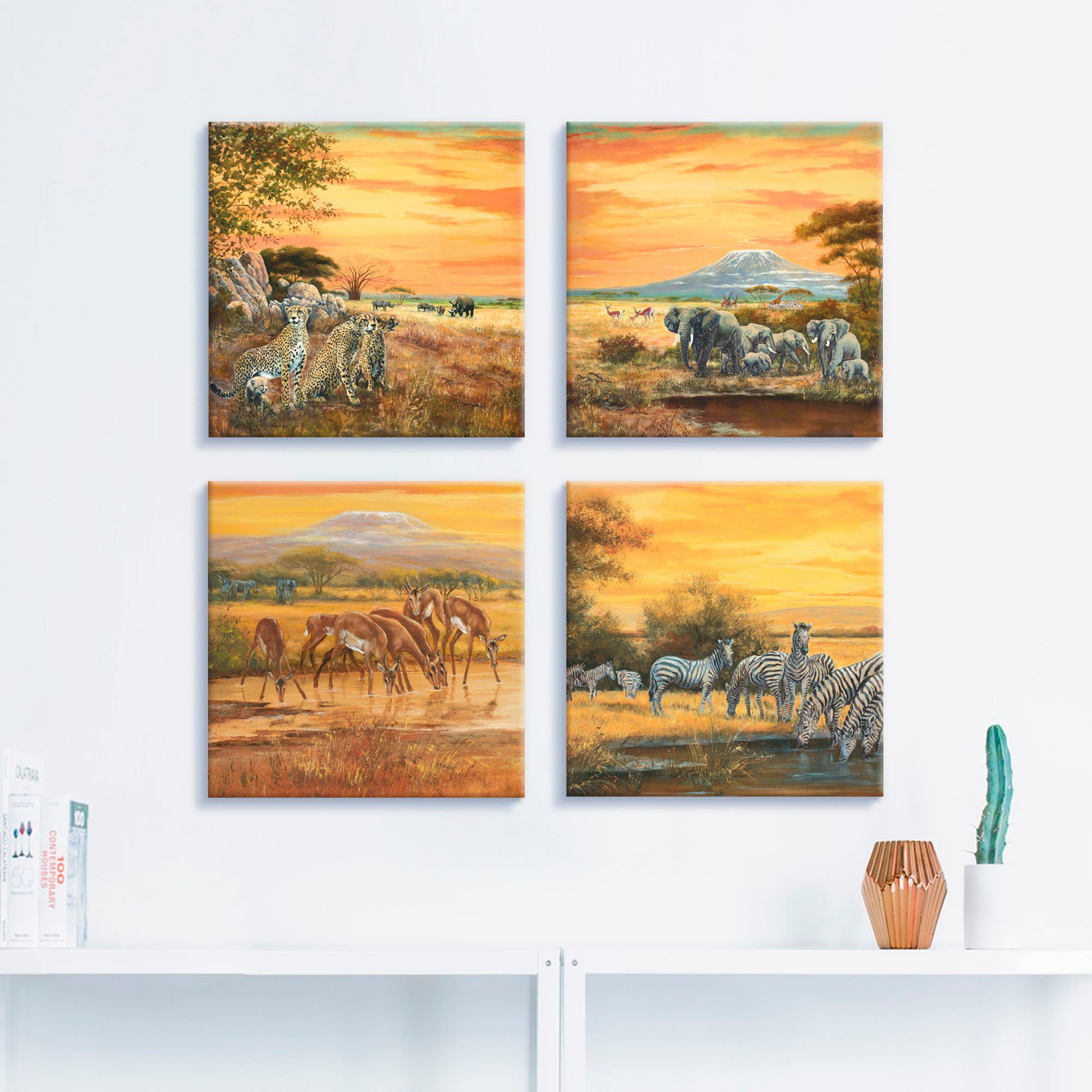 Artland Artprint op linnen Luipaarden olifanten zebra’s op de steppe (4-delig)