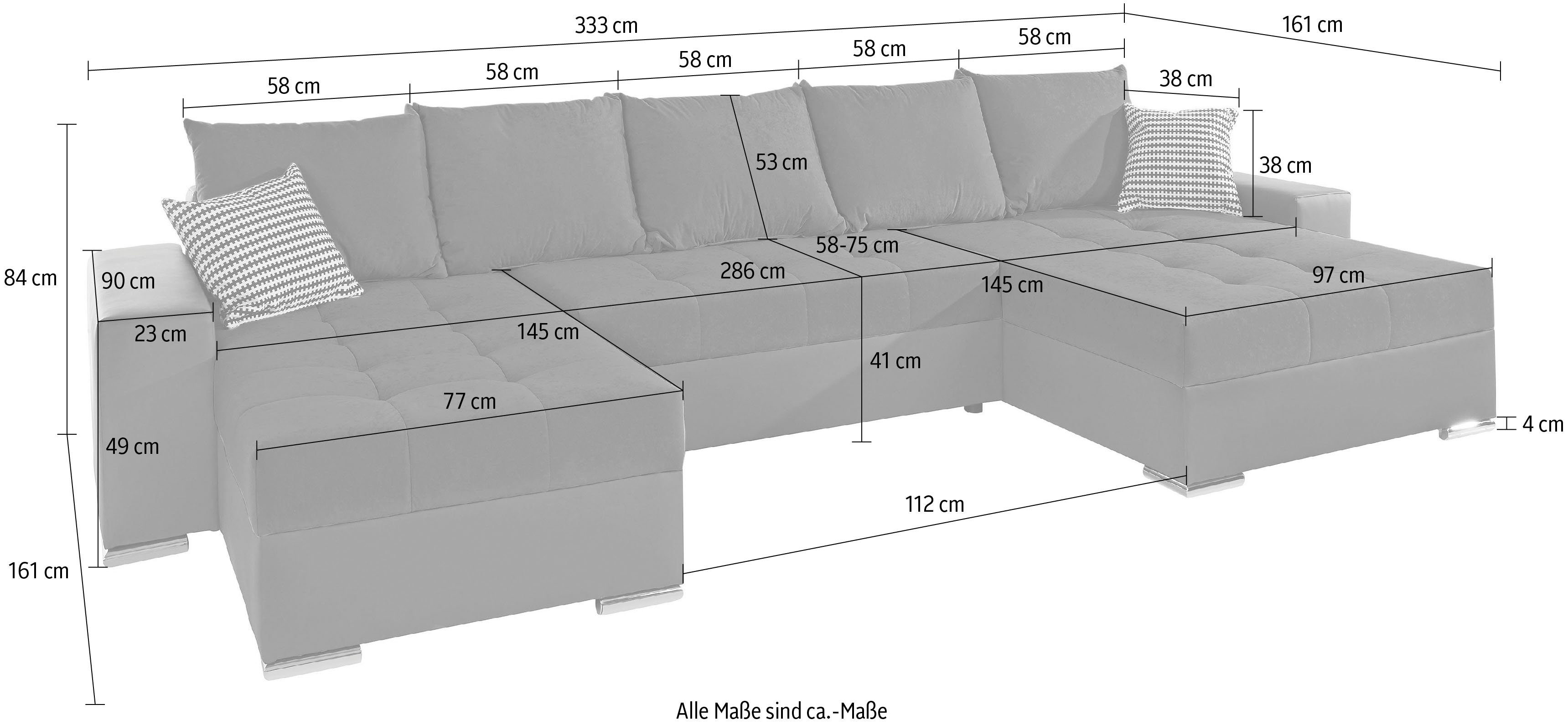 COLLECTION AB Zithoek XXL-Josy U-Form, Breite 333 cm, mit 2 Recamieren 77 & 97 cm incl. bedfunctie, bedlade, met 5 gelijk grote rugkussens