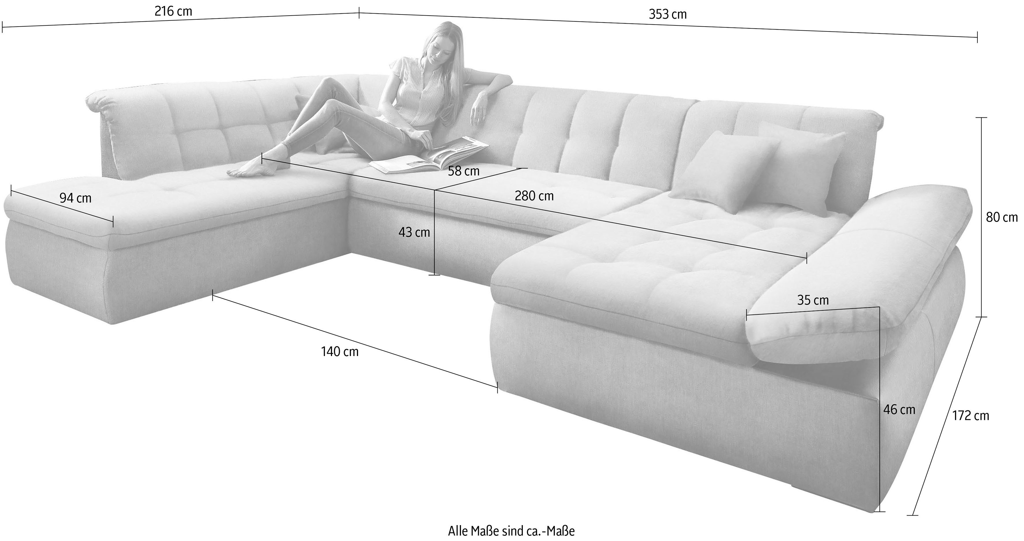 DOMO collection Zithoek Moric Luxus incl. sierkussen U-vorm, tot 140 kg per zitplaats belastbaar, XXL B/D/H: 353/216/80 cm