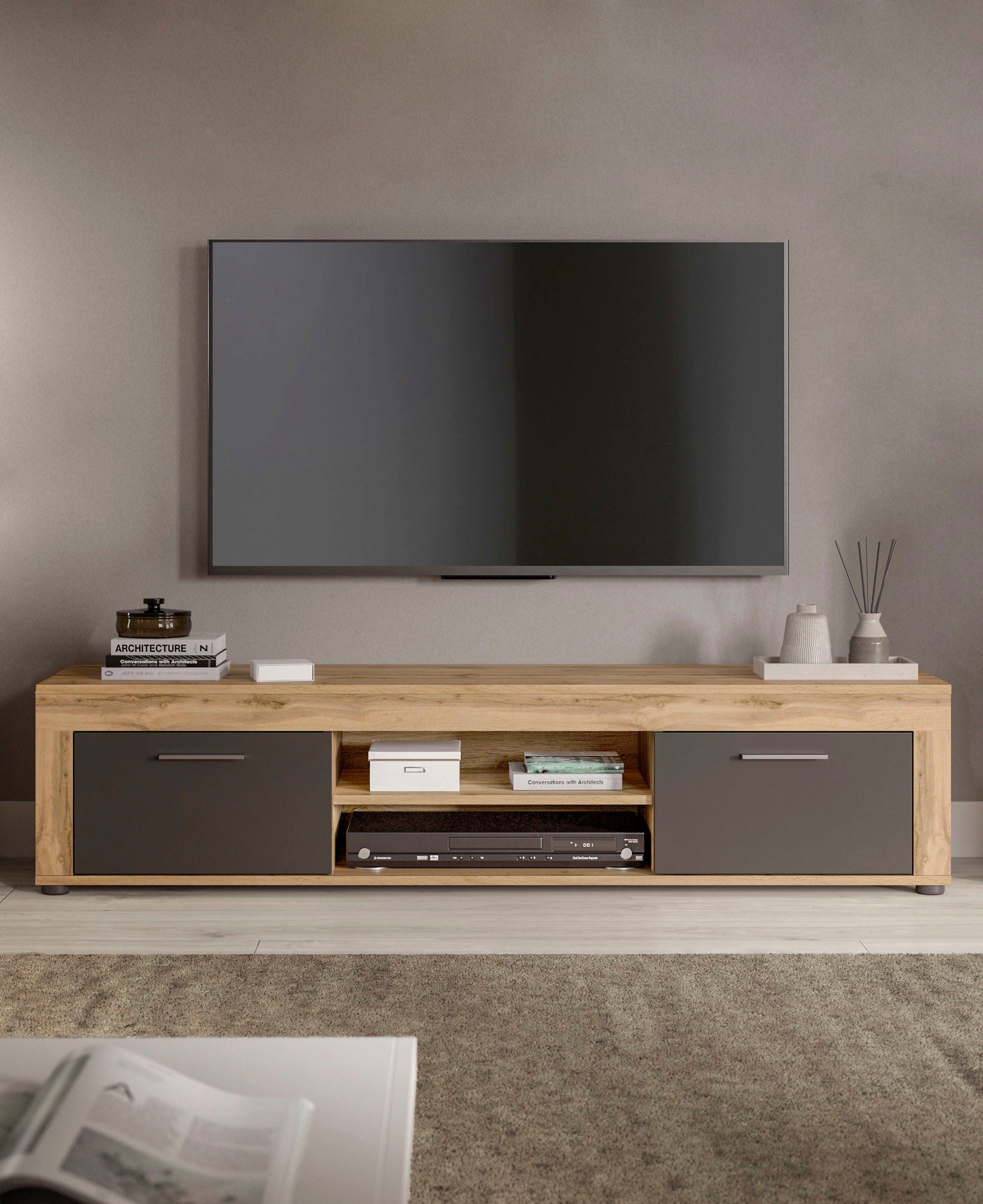 INOSIGN Tv-meubel Aosta, breedte 160 cm, in verschillende kleuruitvoeringen met 2 kleppen en 2 open vakken, tv-bord, mediabord, tv-meubel