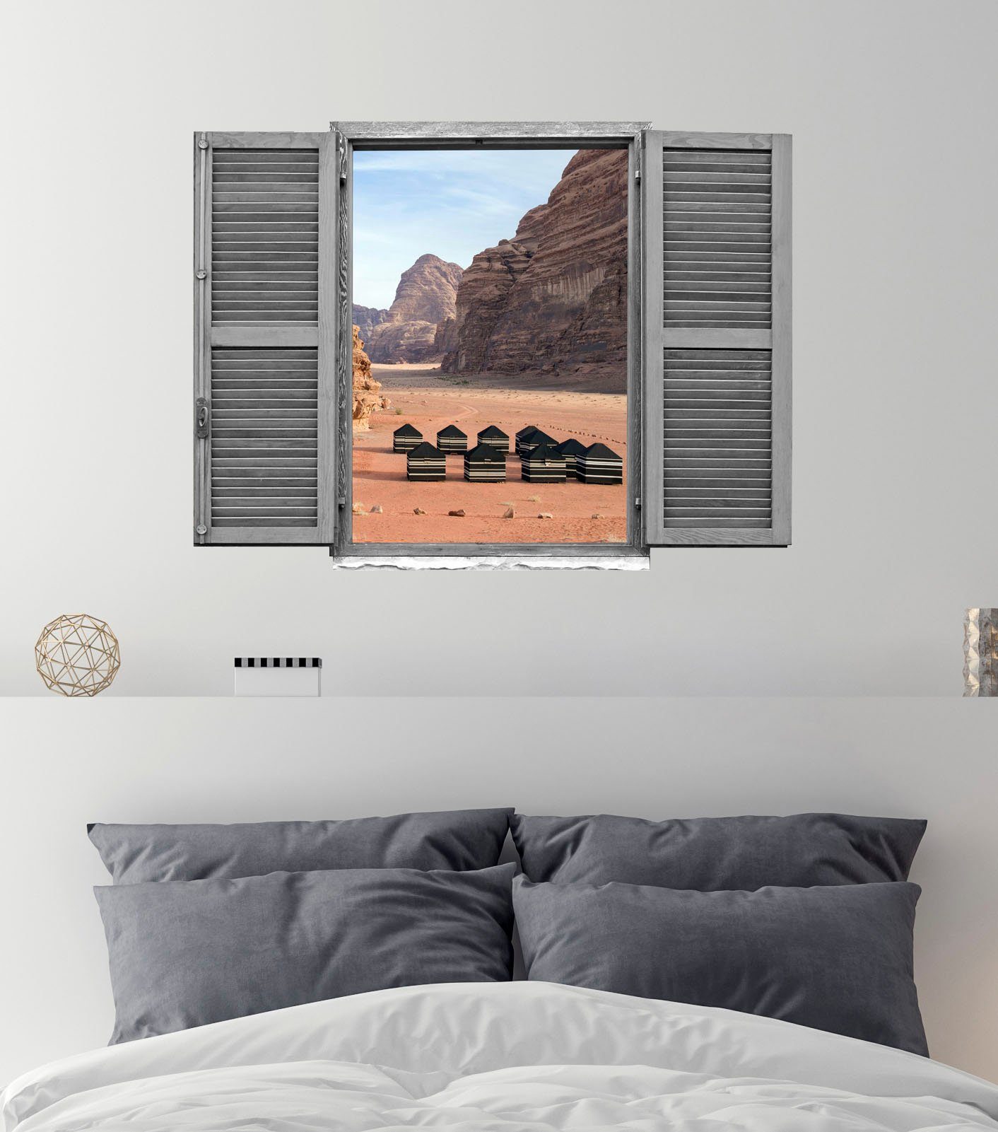 queence Wandfolie Hut in het woestijngebergte Muursticker, muurdecoratie, zelfklevend, 3D, raam (1 stuk)