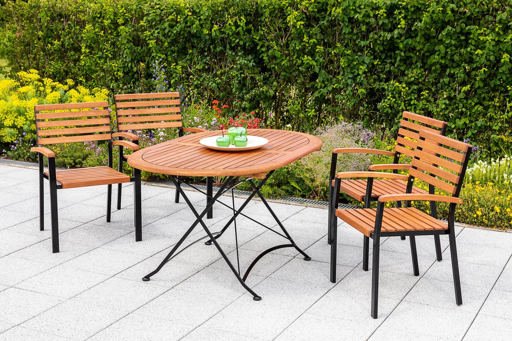 MERXX Tuin-eethoek Kasteeltuin 4 stapelstoelen met klaptafel, plaatstaal (5-delig) tuinsets grijs