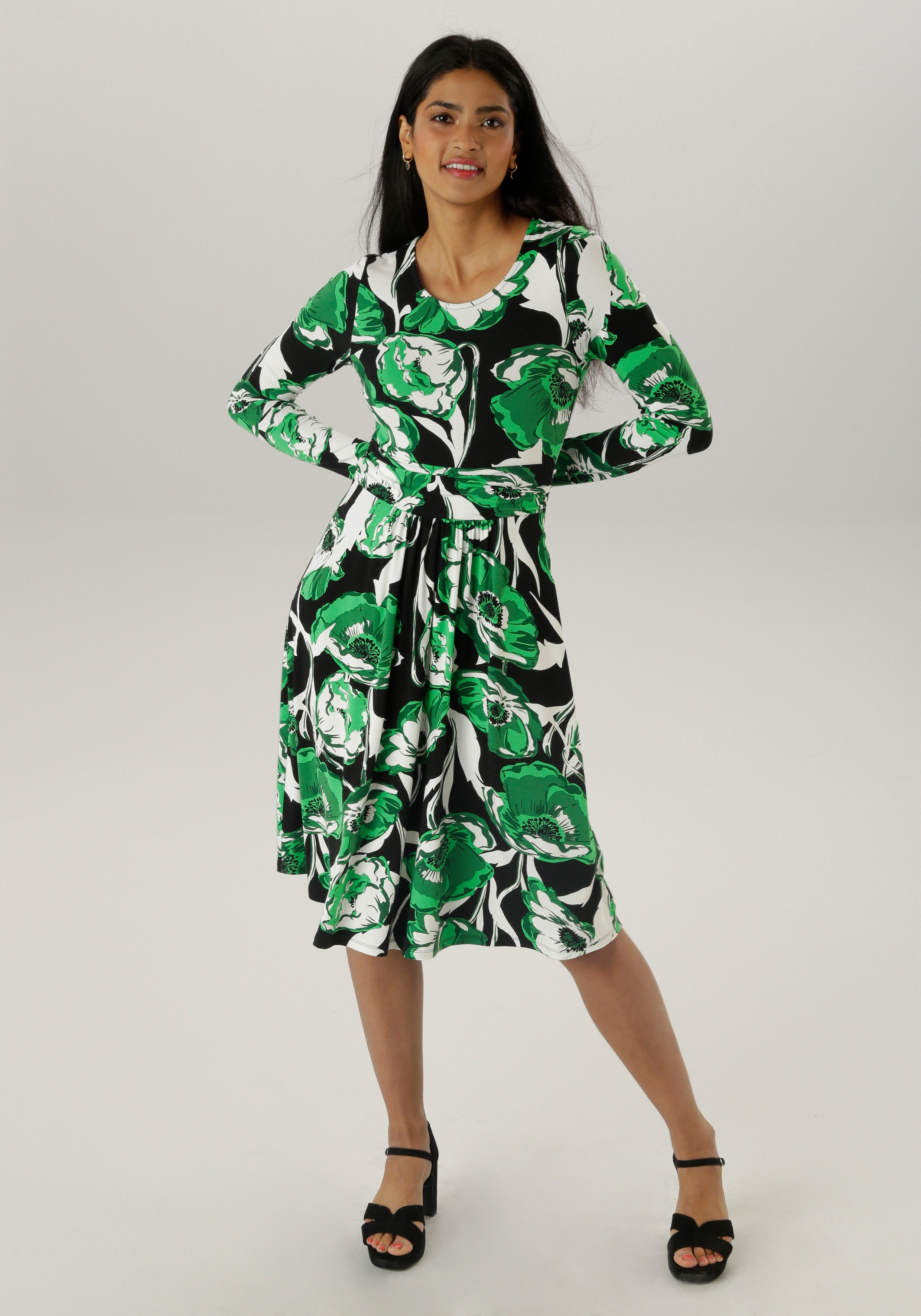Aniston SELECTED Jerseyjurk met bloemige print en gerimpelde tailleband - nieuwe collectie