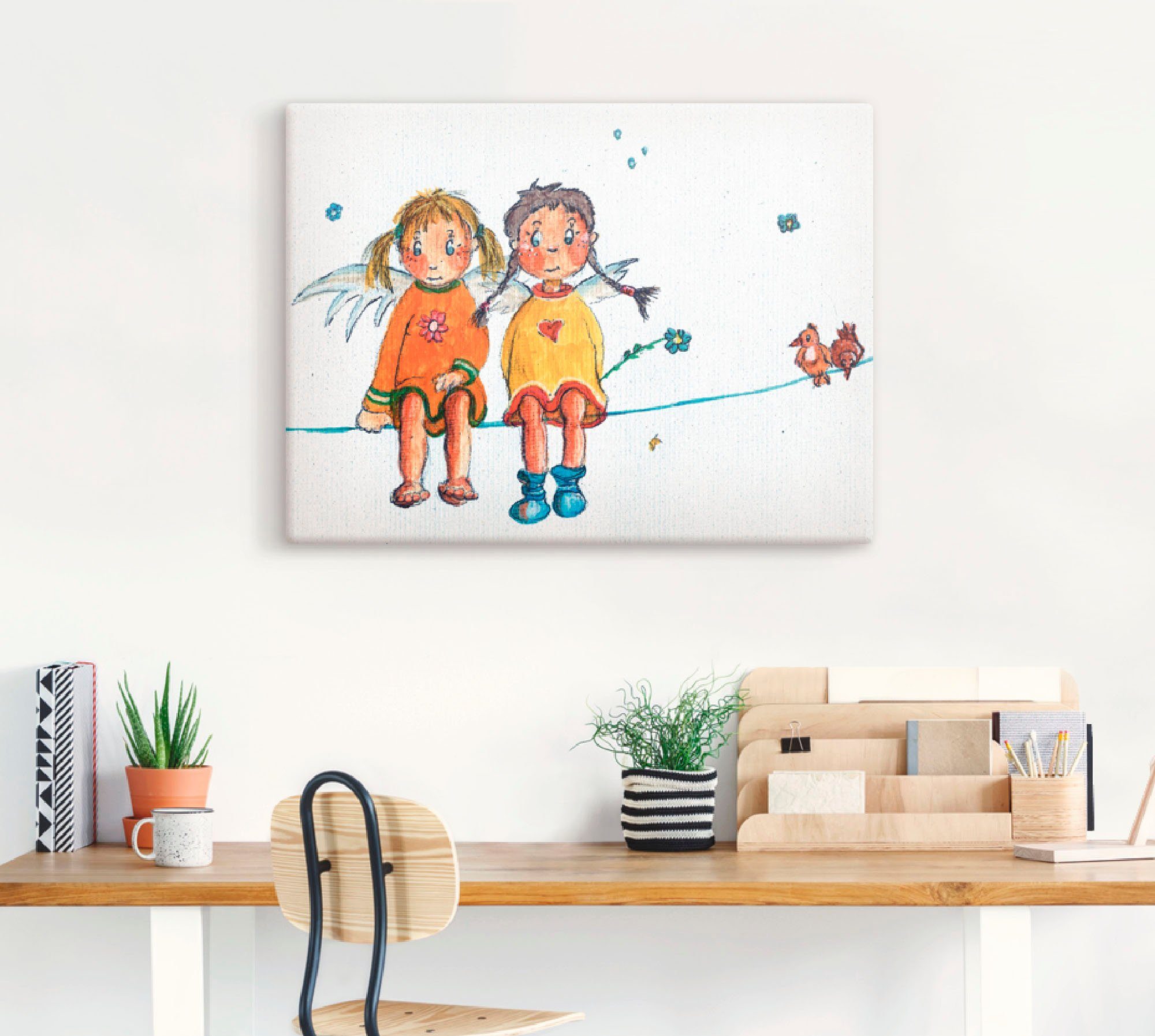 Artland Artprint Twee engeltjes zitten op de waslijn als artprint op linnen, muursticker in verschillende maten