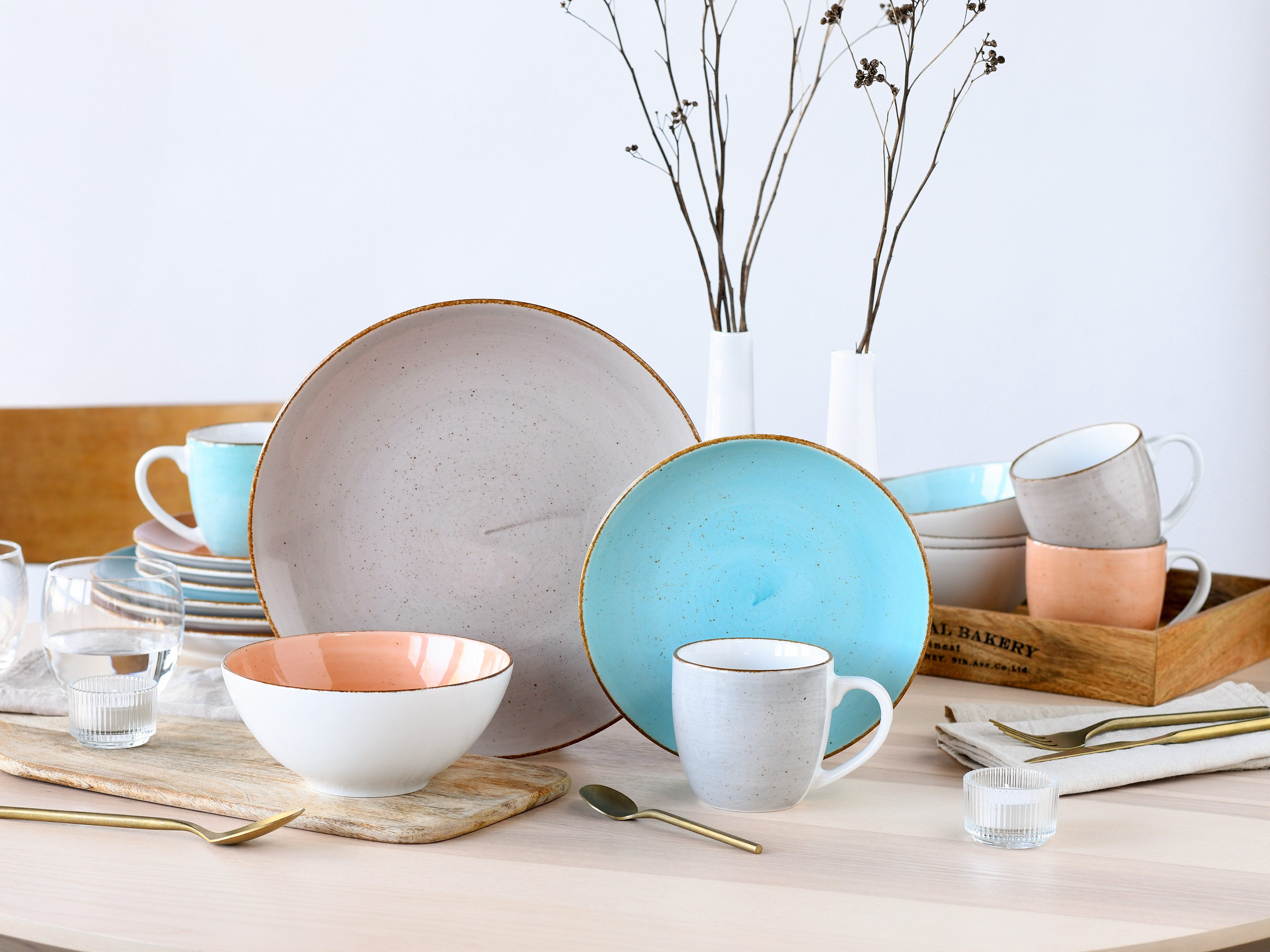 CreaTable Combi-servies Servies-set VINTAGE NATURE Servies, met de hand geschilderd, gespikkeld, 16 delen, voor 4 personen (set, 16-delig)
