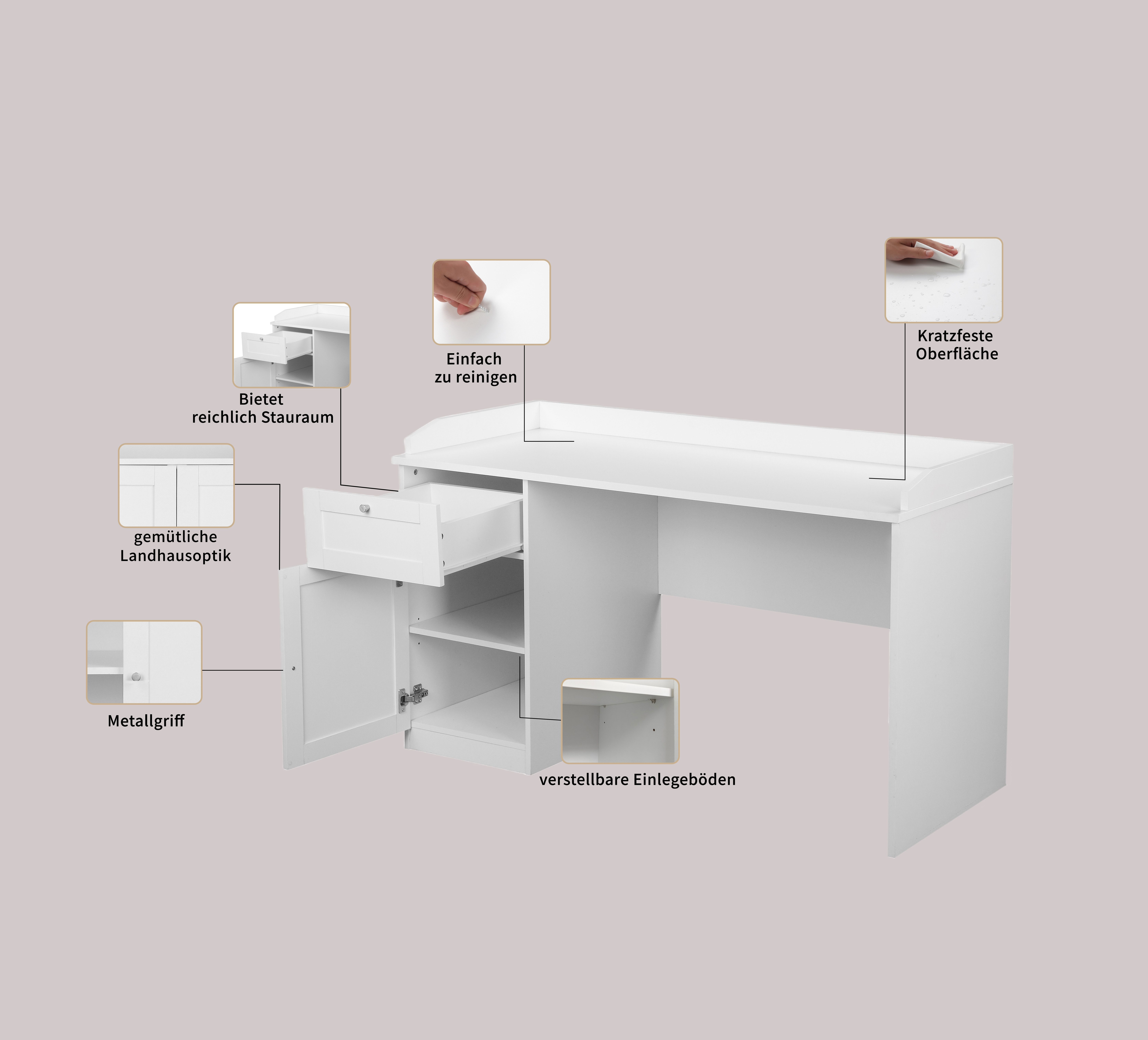 Home affaire Bureau Aalborg in landhuisstijl, met lade, verhoogde tafelrand, breedte 140 cm