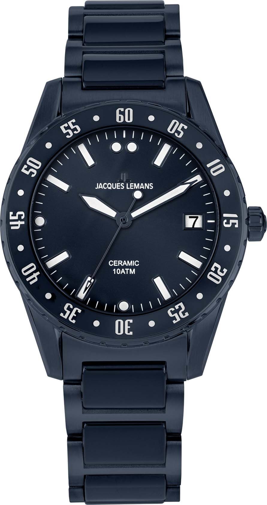 Jacques Lemans Keramisch horloge Liverpool, 42-10E Quartz horloge, armbanduhr, herenhorloge, datum, lichtgevende wijzers, roestvrijstalen band