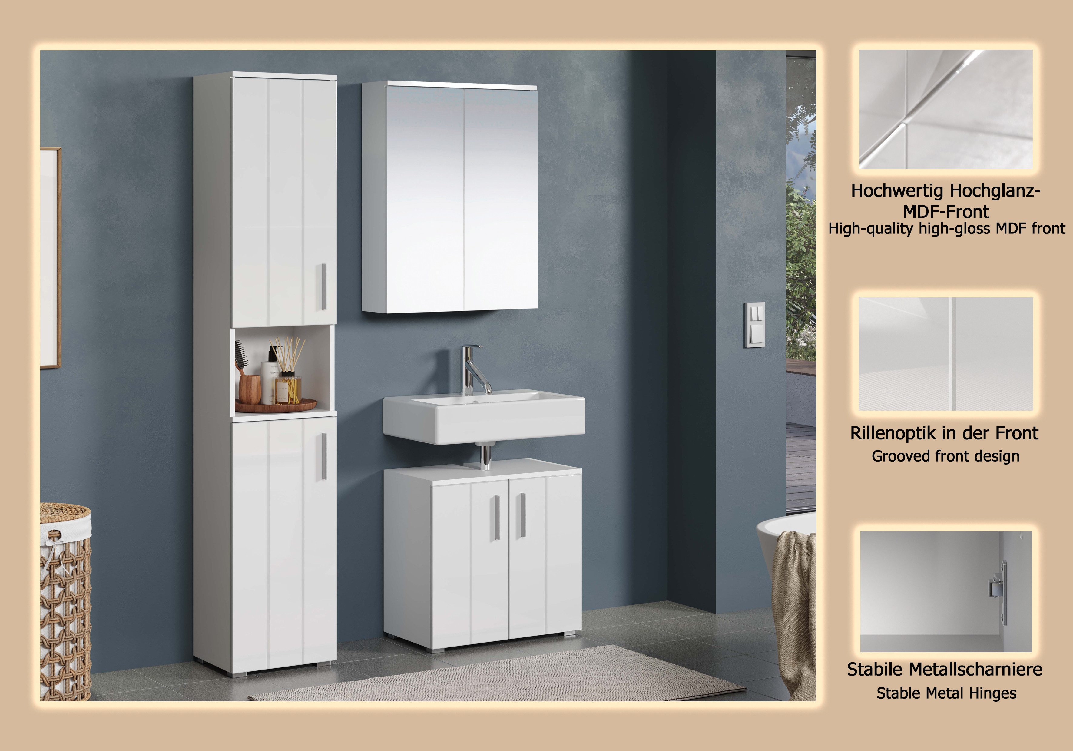 welltime Badkamerset Praag Hoge kast, wastafel en spiegelkast met verticale frezingen (set, 3 stuks)