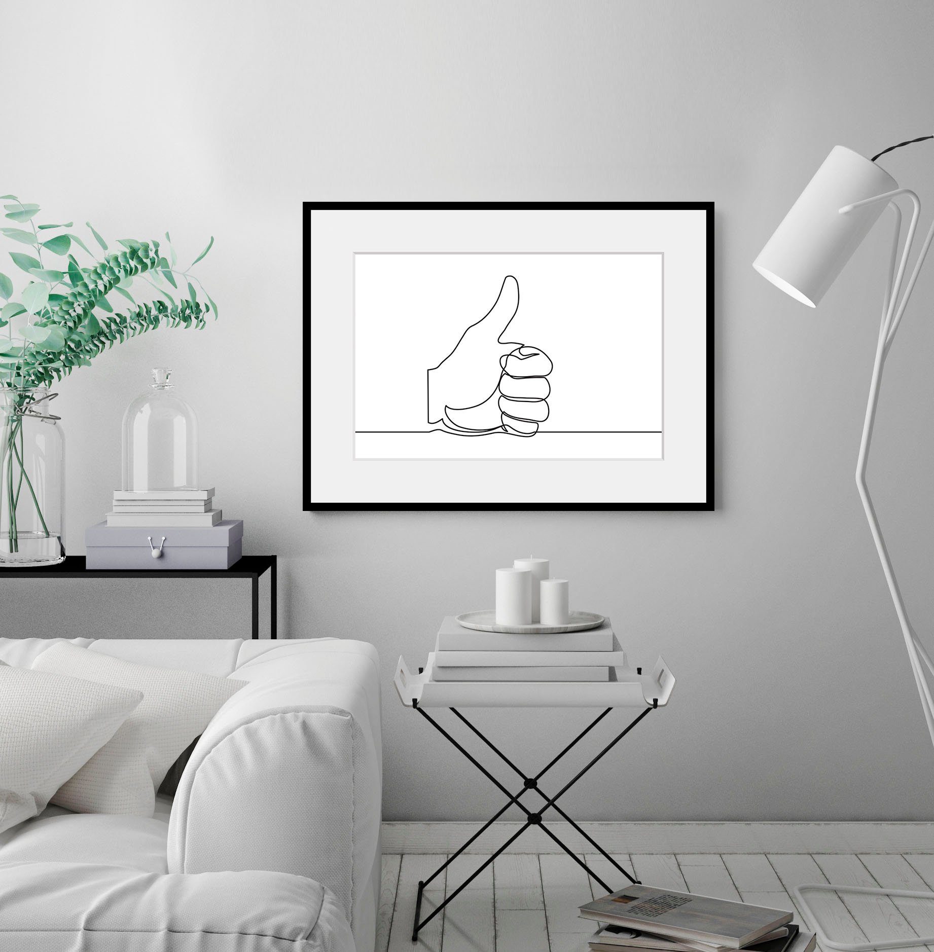 queence Wanddecoratie Duim omhoog HD premium posterdruk incl. houten lijst (1 stuk) schilderijen maat 70 cm x 50 cm wit