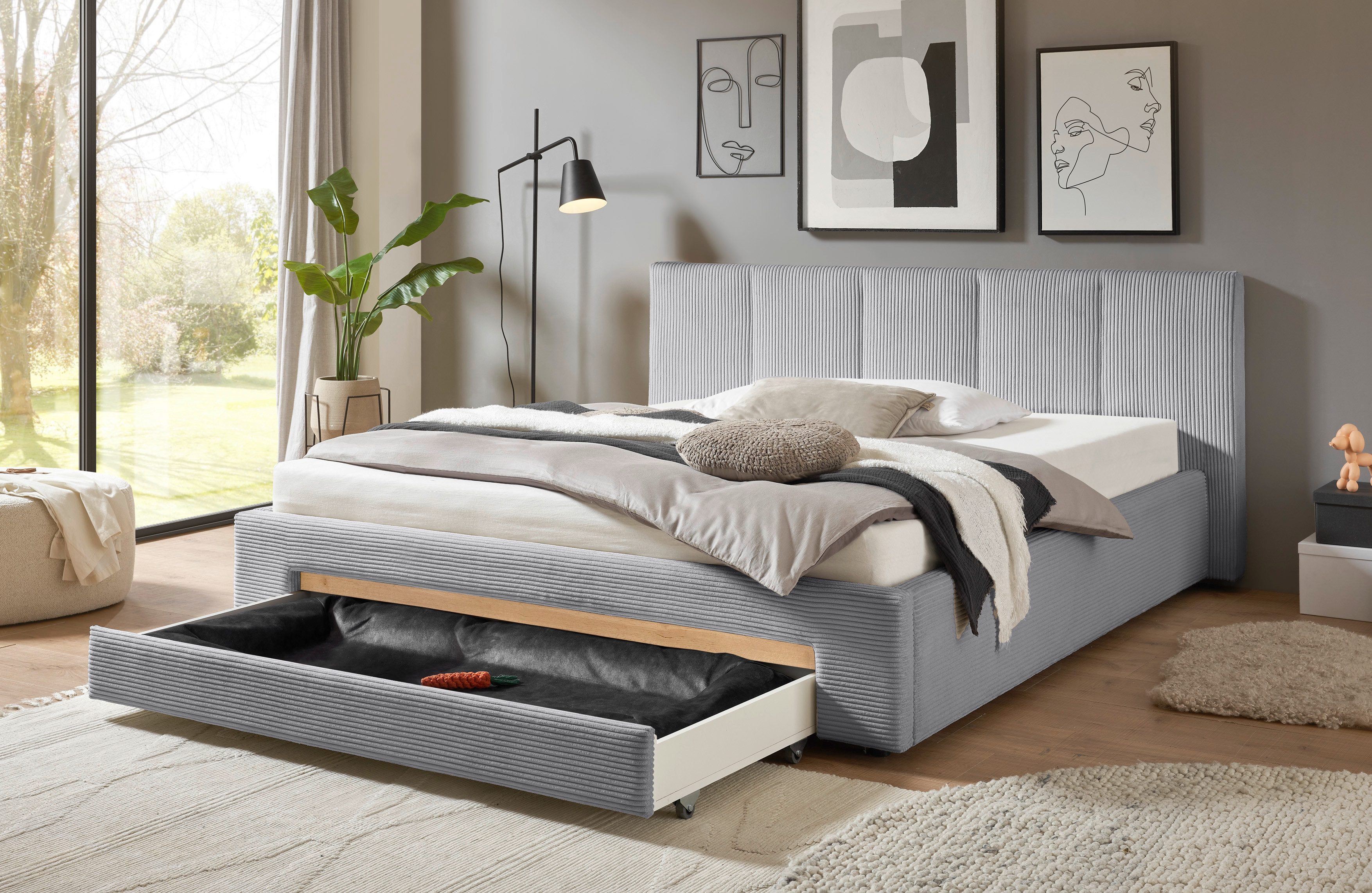 INOSIGN Gestoffeerd bed CiTY/GiRON, bedframe met bedlade, gestoffeerd opbergbed met hondenbed of opberglade, bekleding van corduroy of linnenlook