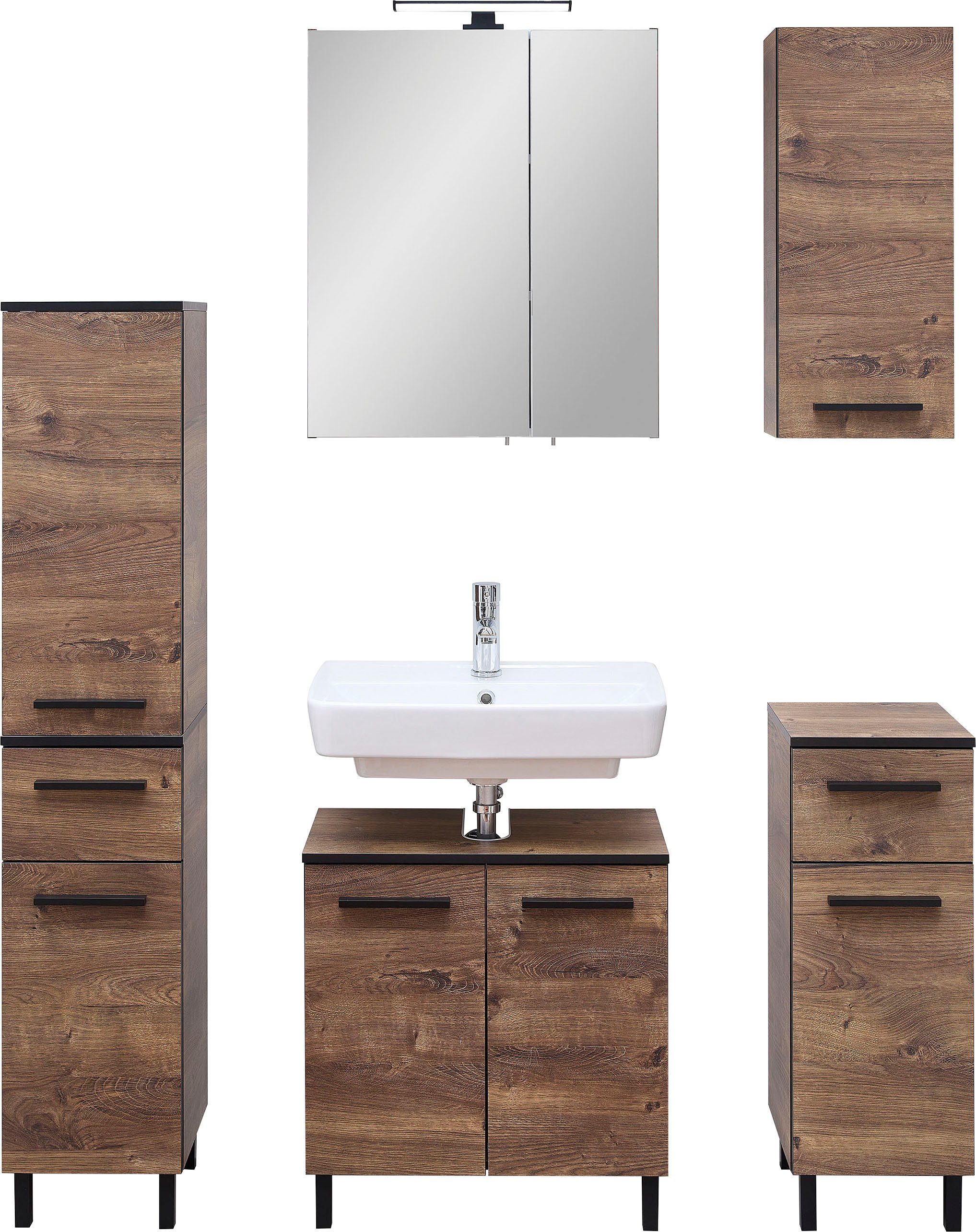 Saphir Badkamerserie Quickset 374 5-delig, wastafelonderkast met LED-spiegelkast Halfhoge kast, onderkast, hangkast, incl. deurdemper, 7 deuren (7-delig)