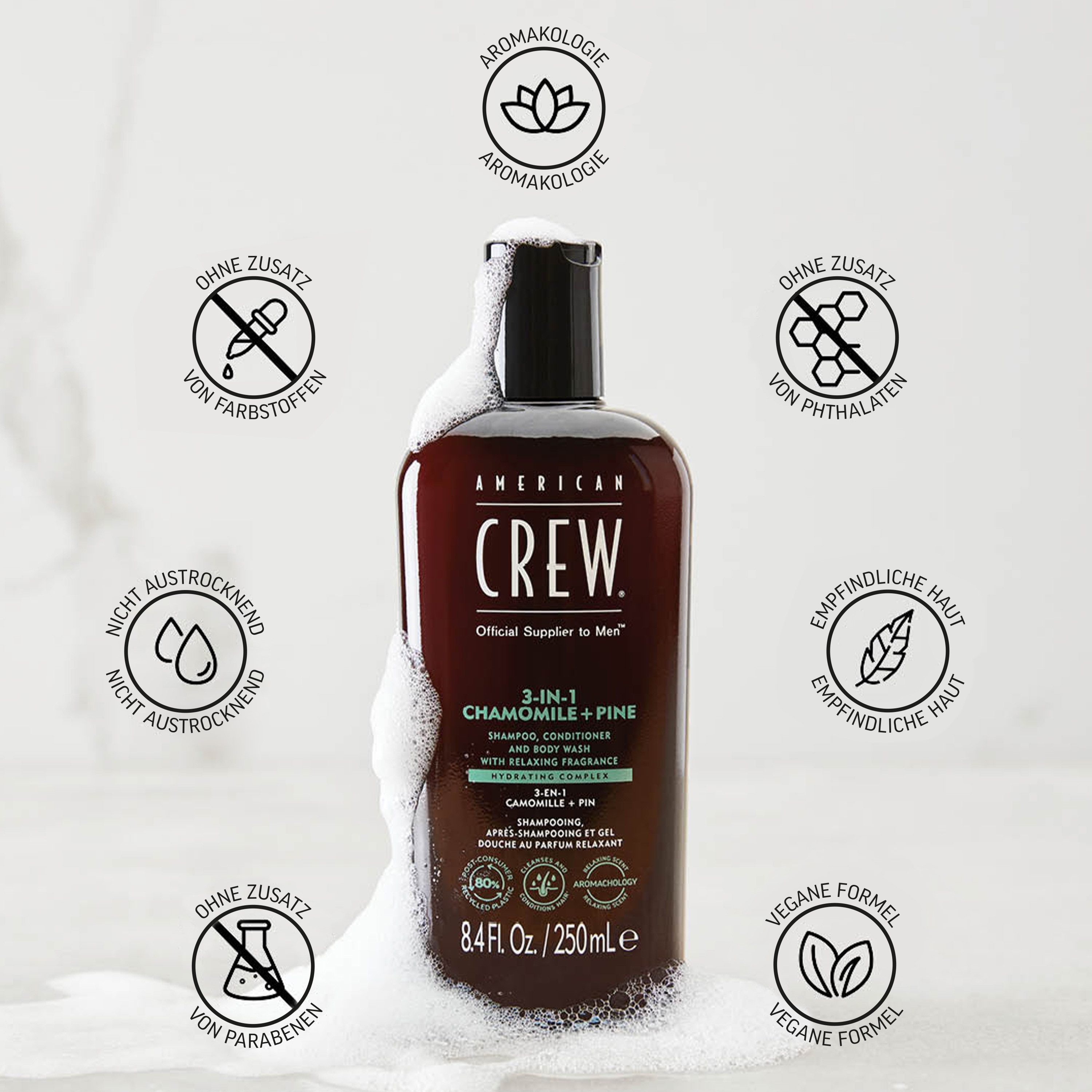 American Crew Haarshampoo 3-in-1 chamomile & pine shampoo, conditioner & body wash 450 ml (1-delig)
