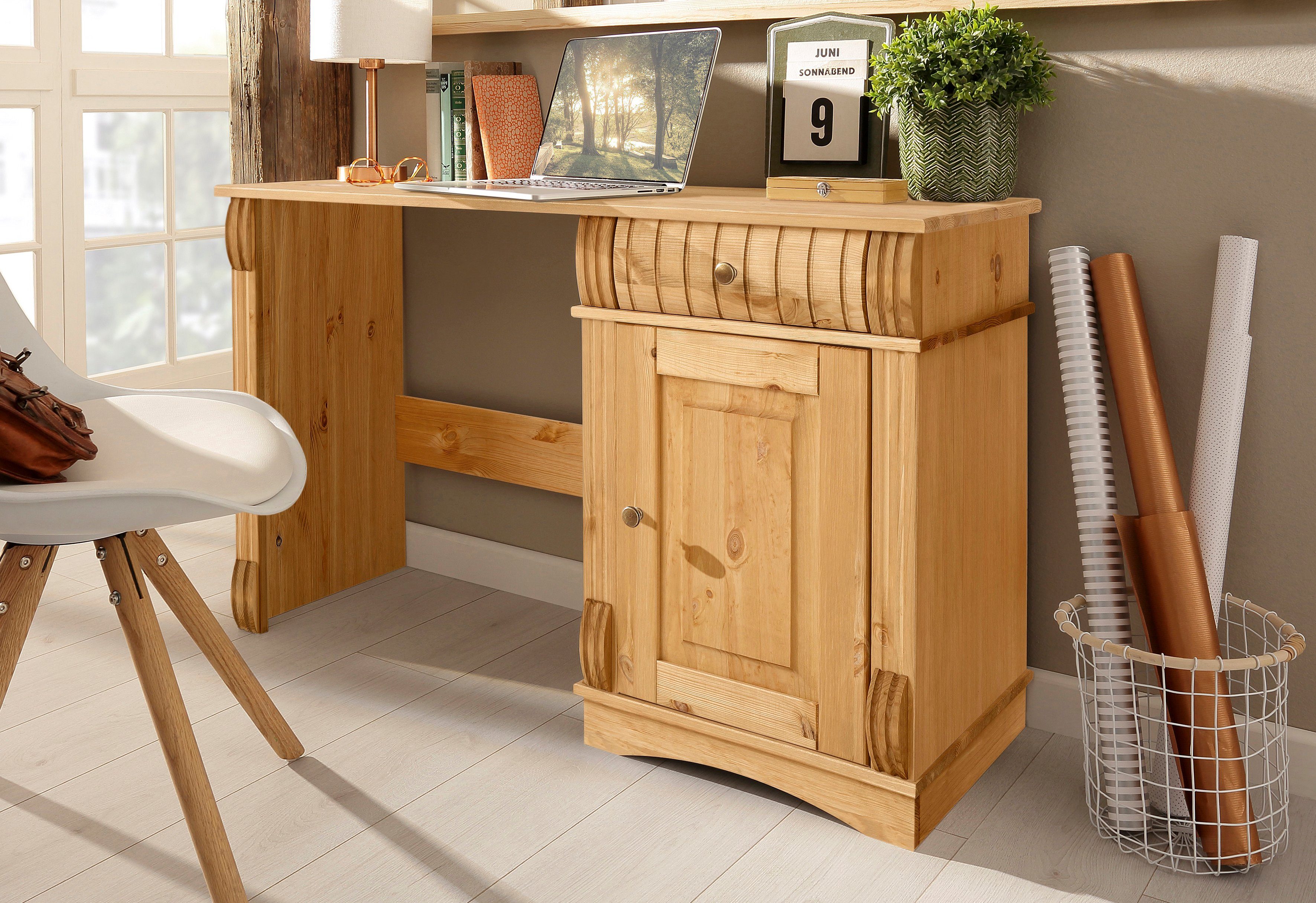 Home affaire Bureau Teresa Computertafel met lades, massief hout, breedte 120 cm