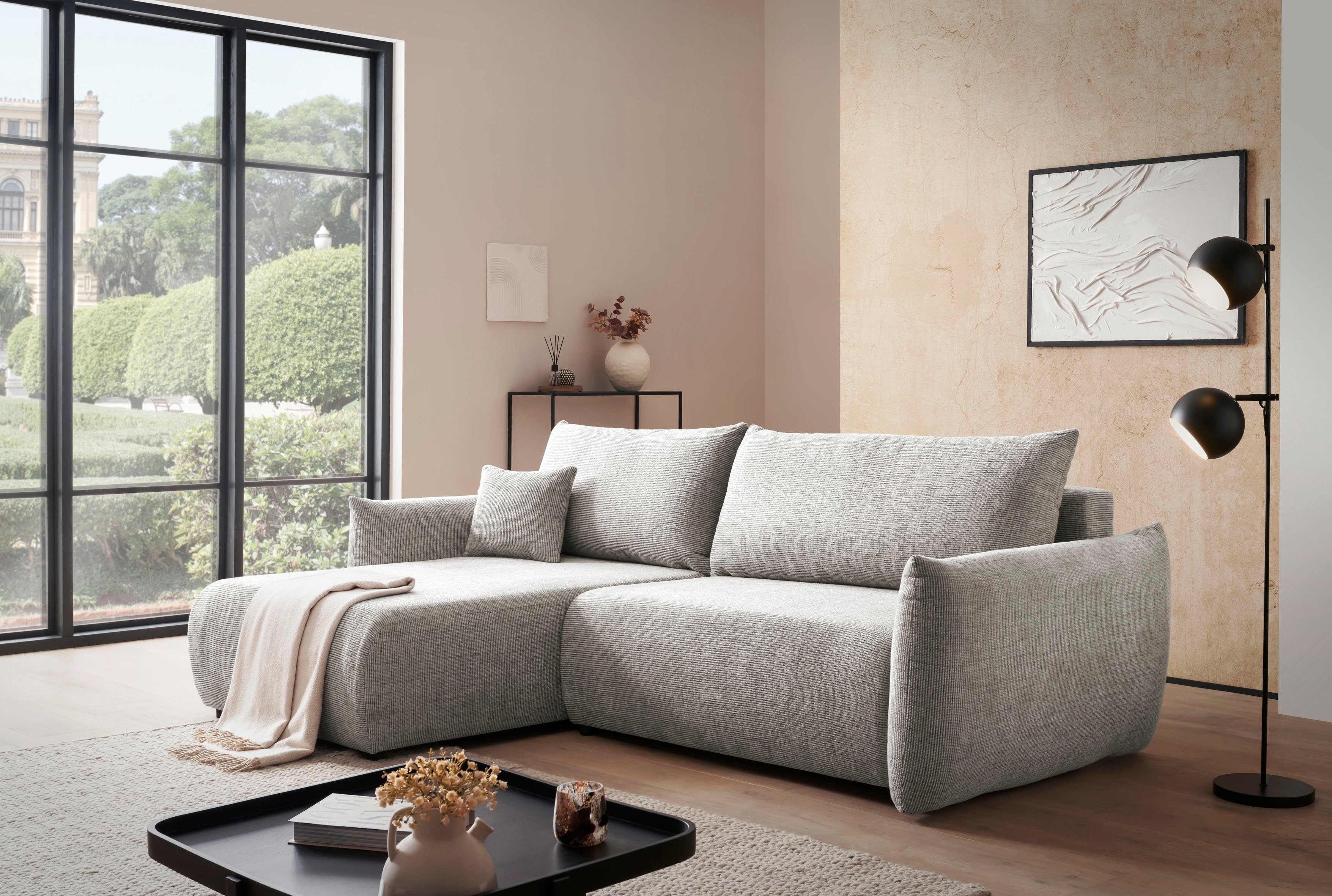 INOSIGN Hoekbank MAVAS bedbank met bedkist, L-model, ca. 257/127 cm (ligoppervlak 212/145 cm), ribfluweel, chenille, structuur