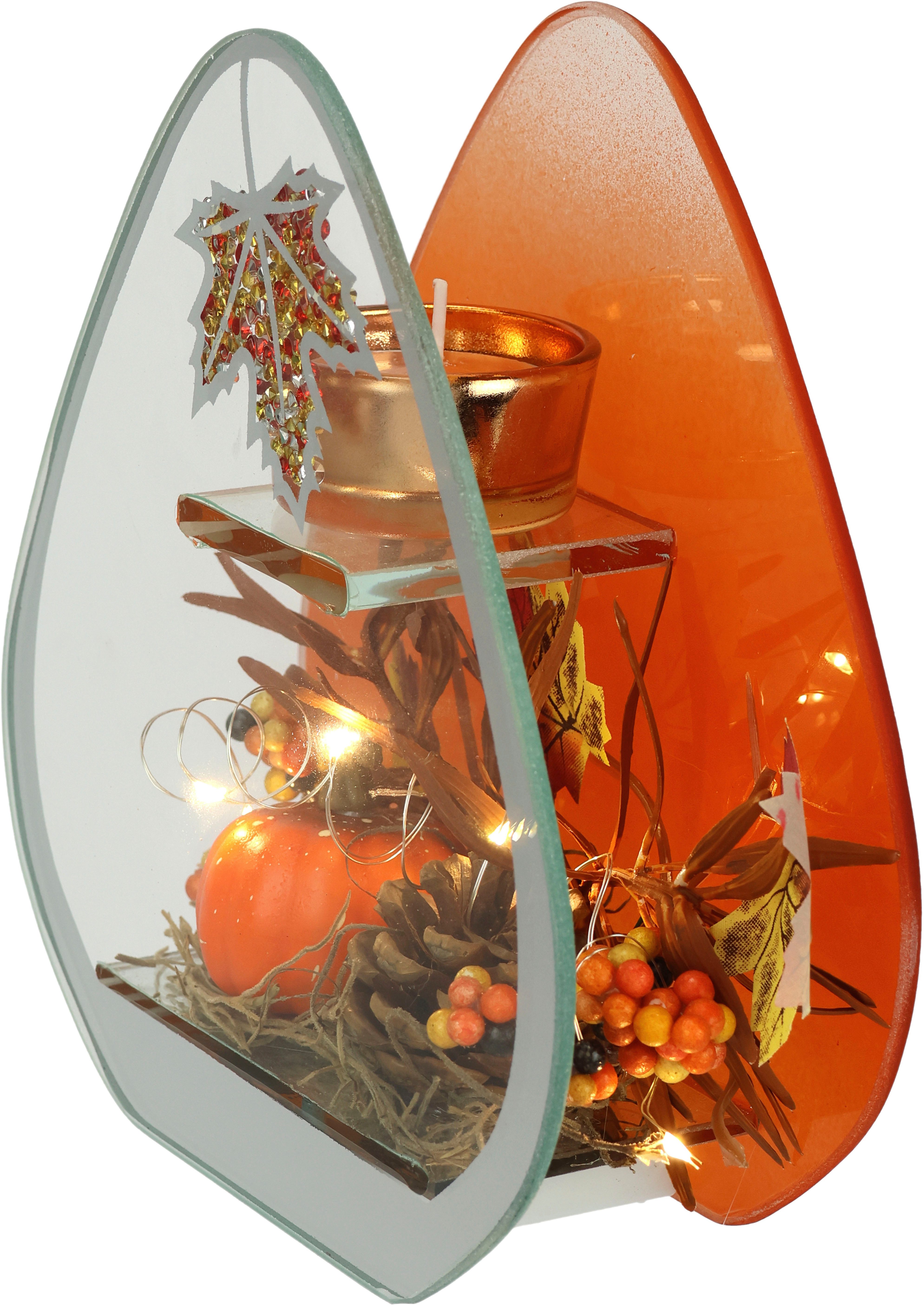 I.GE.A. Waxinelichthouder Theelichthouder van glas met theelichtkaars Herfstachtig versierd met herfstbladeren, bessen, pompoen, kegels, kaars, windlicht (1 stuk)