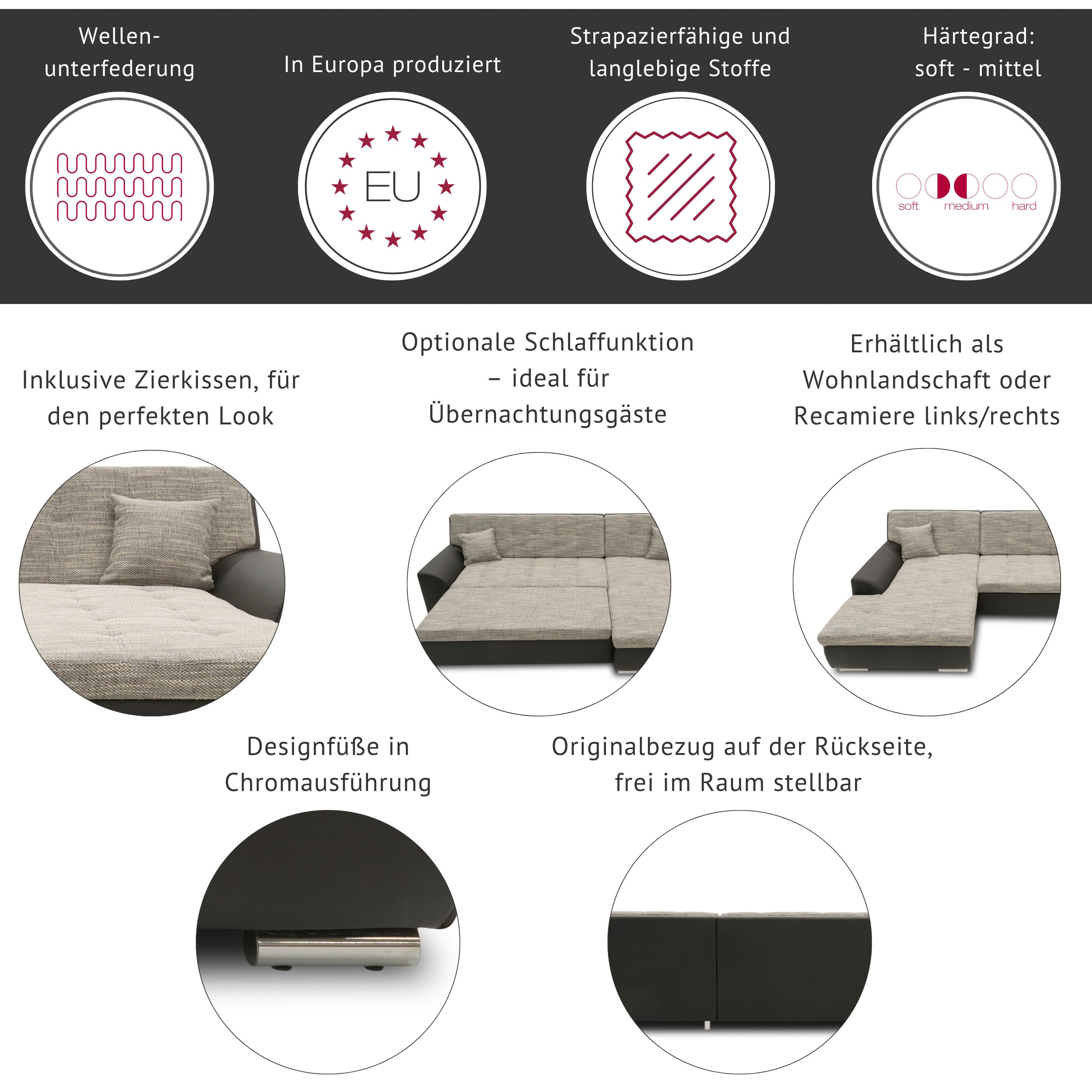 DOMO collection Zithoek Brandon, naar keuze met zitdiepteverstelling, naar keuze nierkussens