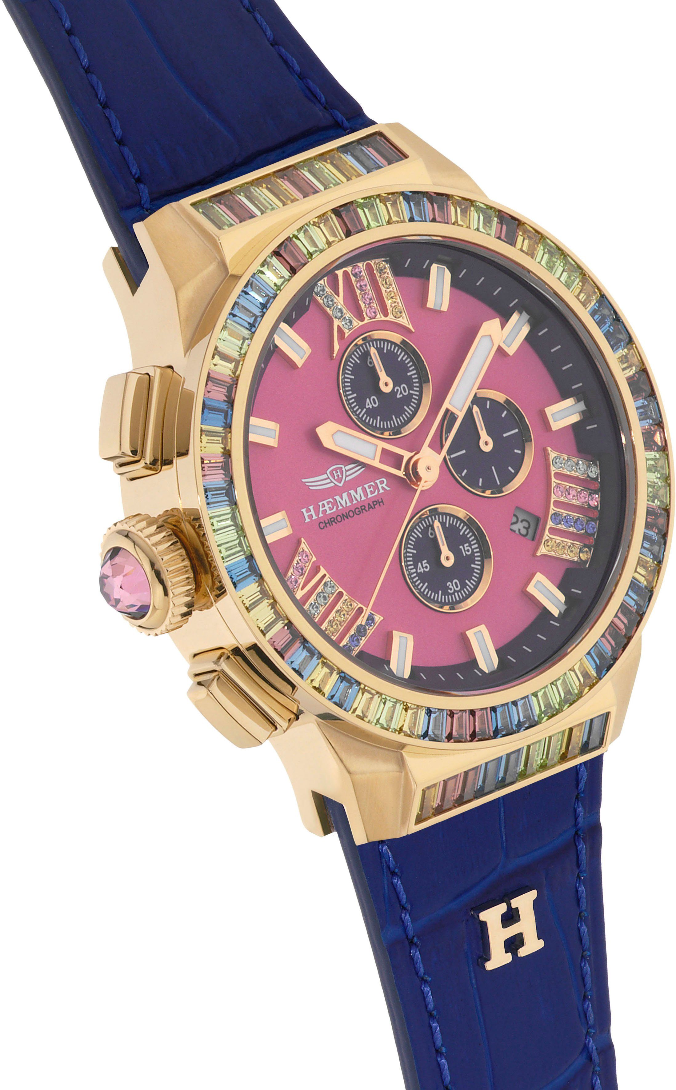 HAEMMER GERMANY Chronograaf Glorious Quartzhorloge, dameshorloge, datum, stopwatchfunctie, saffierglas, leren band