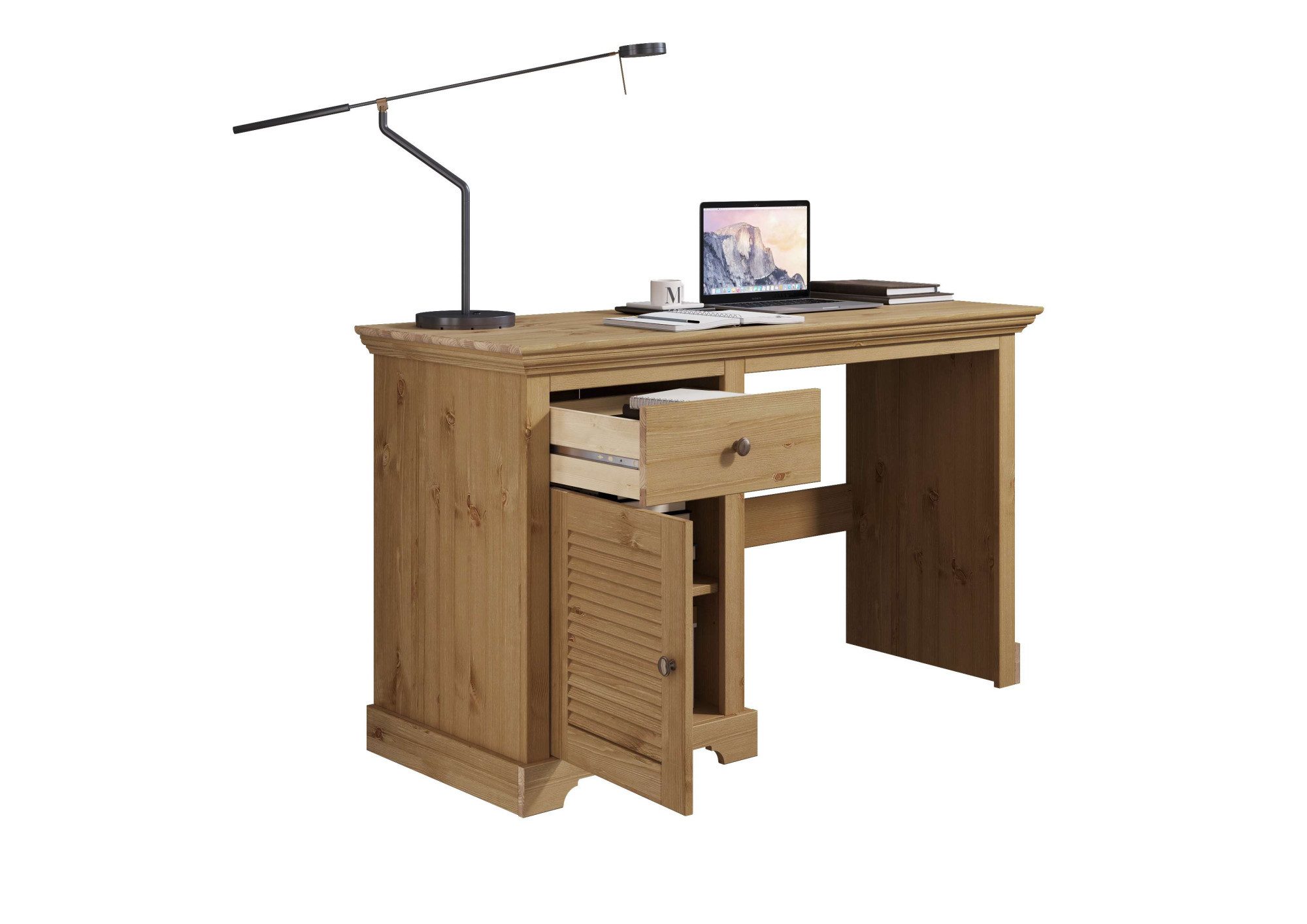 Home affaire Bureau Ayanna Massief hout, met lade en deur, lamellenfront, breedte 130 cm