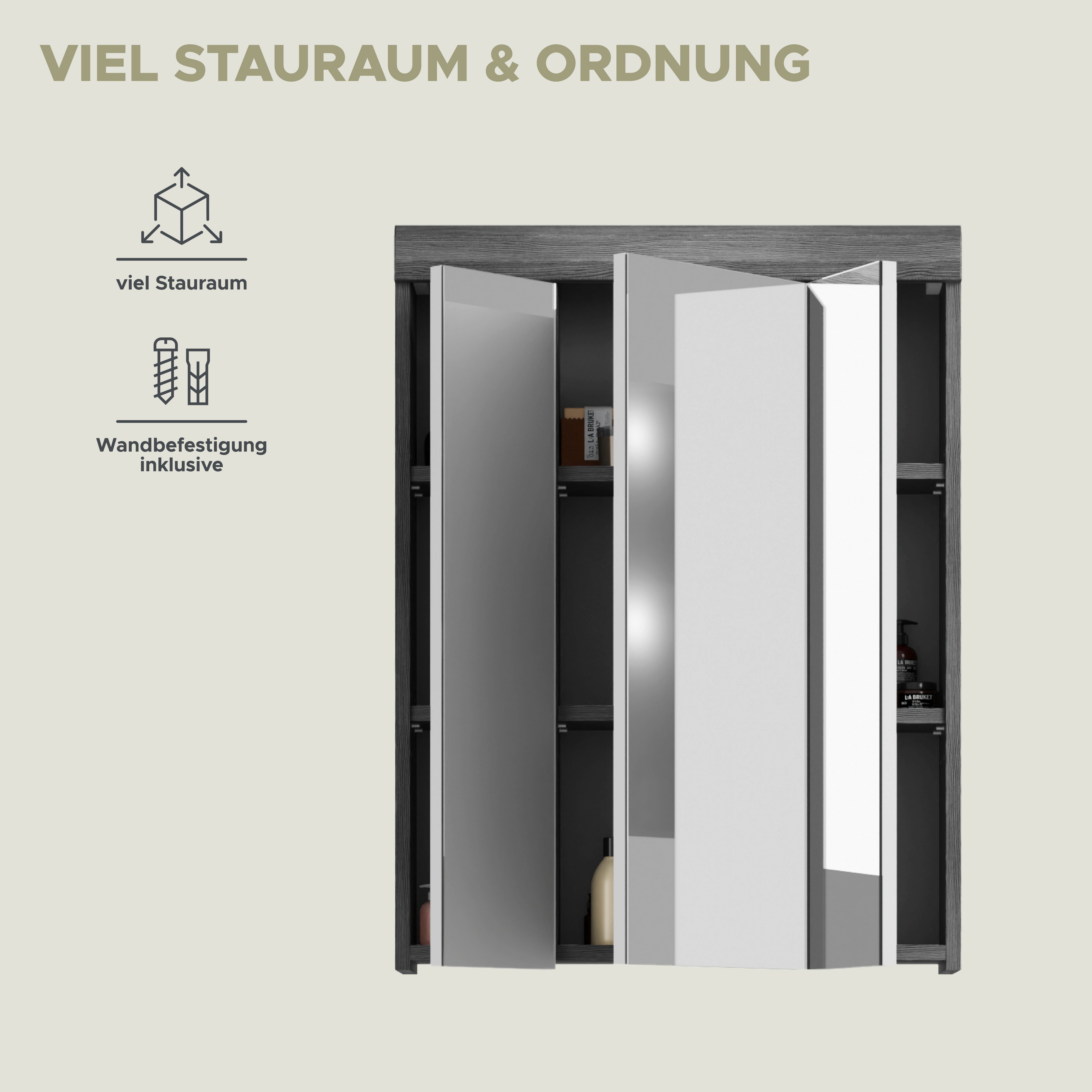 INOSIGN Badkamerspiegelkast Siena, breedte 60 cm, 3 spiegelt deuren, 9 vakken, 6 legplanken in verschillende kleuren verkrijgbaar, badkamermeubels, spiegel, badkamerkast, badkamer