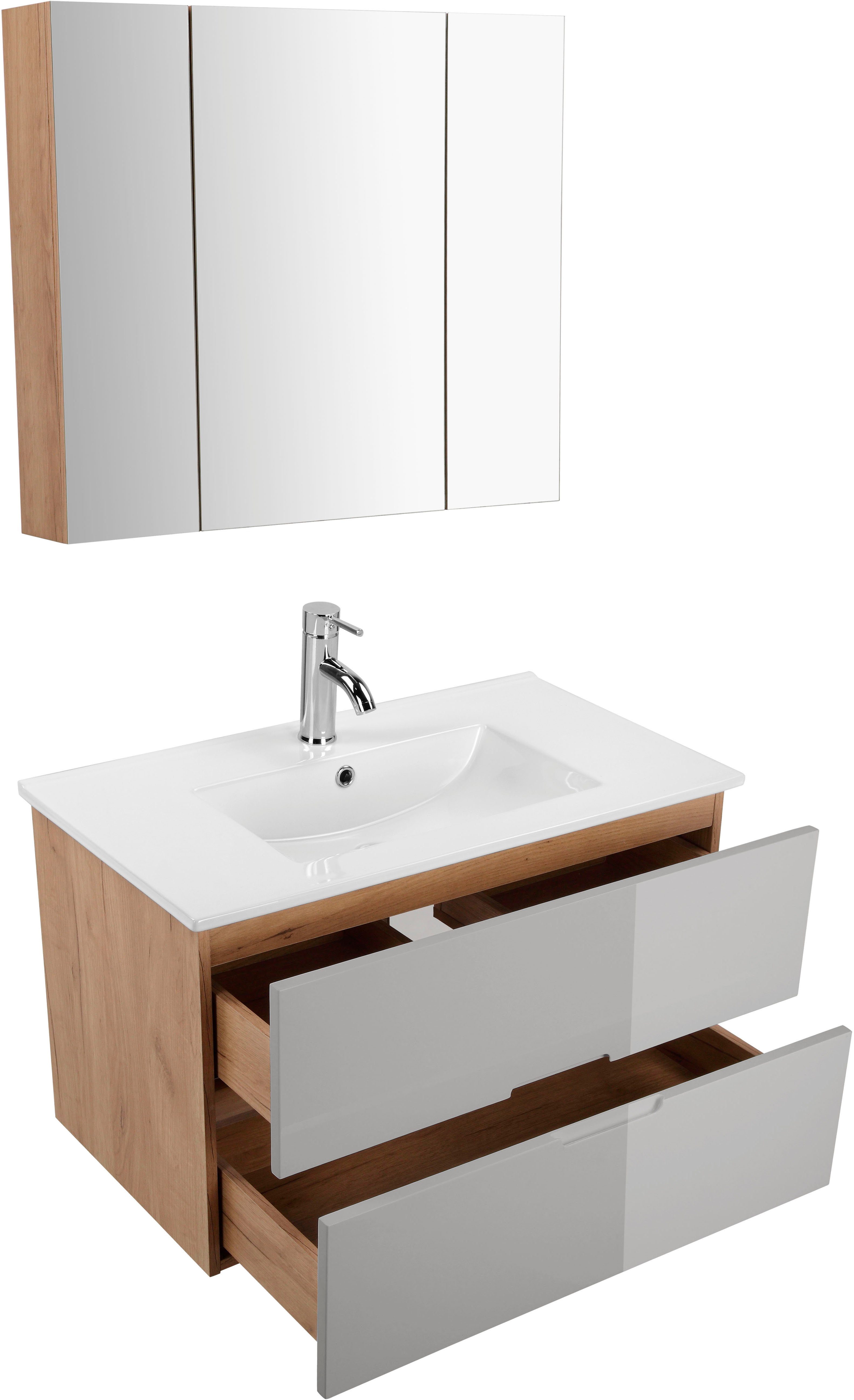 welltime Badkamerserie Lund badkamermeubelset badkamerkast badkamerset Wastafelonderkast, spiegelkast en bekken breedte 80 cm (complete set, 3-delig)