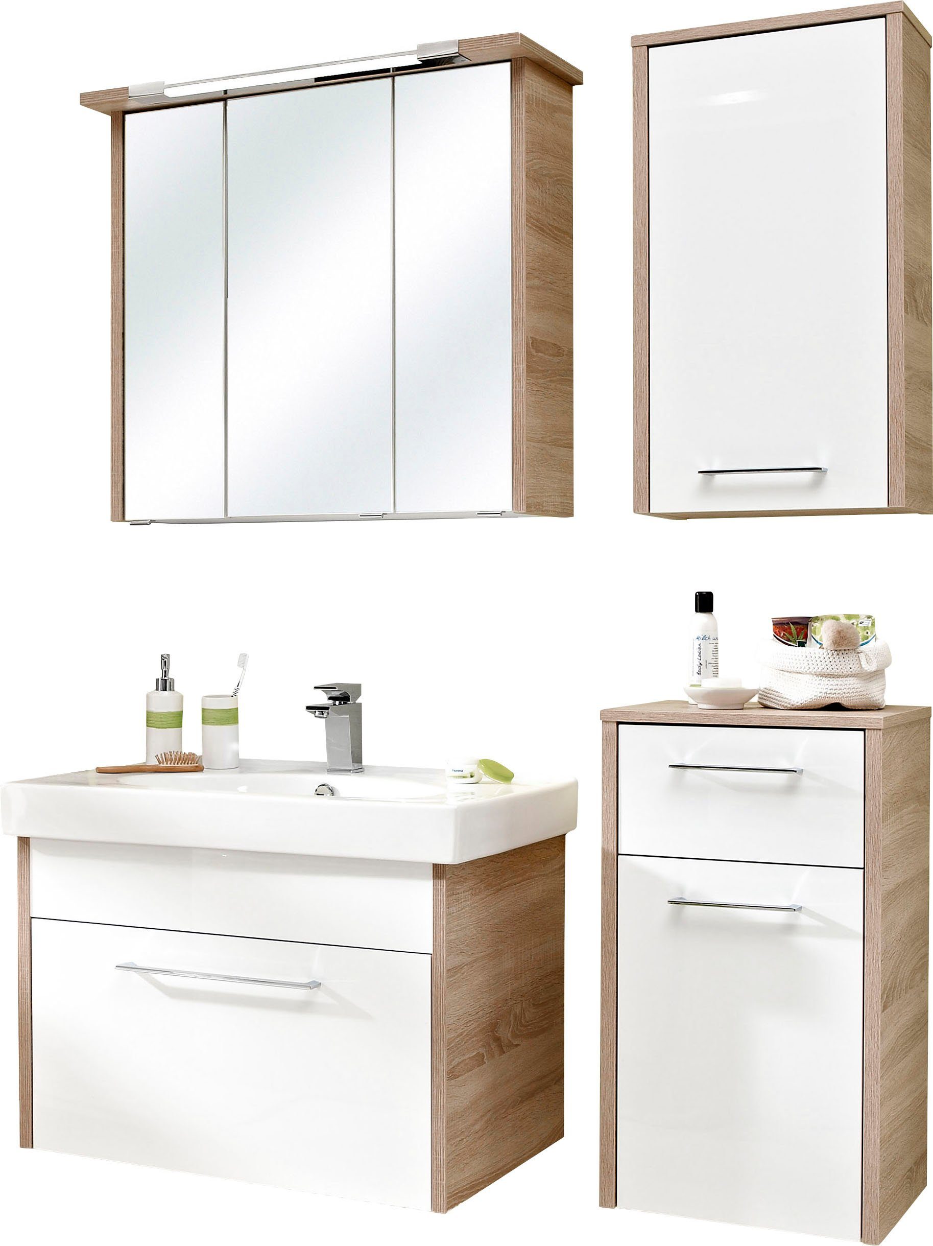 Saphir Badkamerserie Quickset 382 4-delig keramieken wastafelonderkast met led-spiegelkast (5-delig) badmeubelsets wit