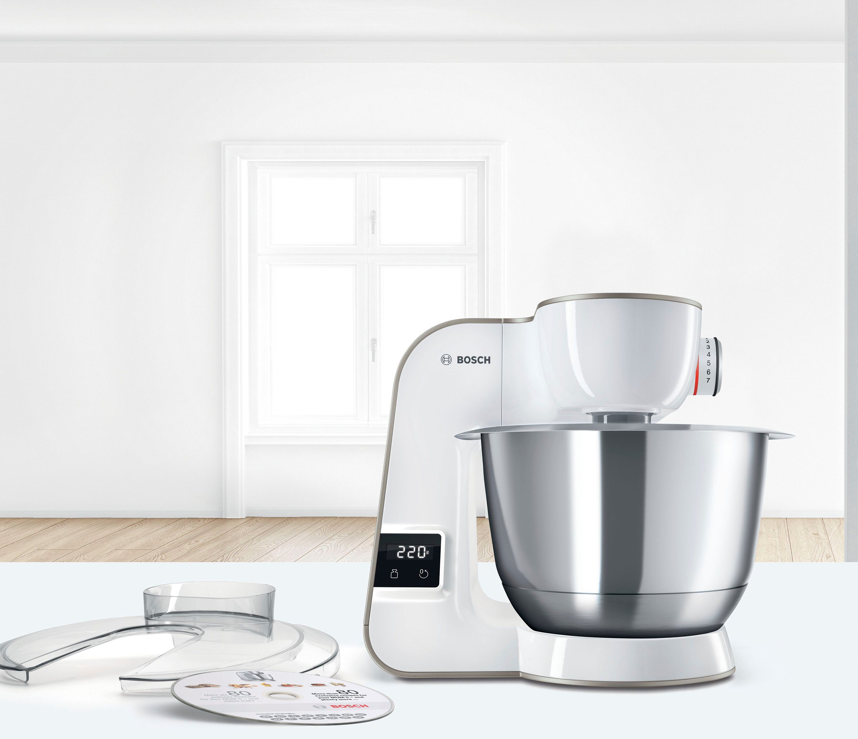 BOSCH Keukenmachine Serie 4 MUM5XW40, geïntegreerde weegschaal, continu rasp- en snijapparaat, wit/champagne