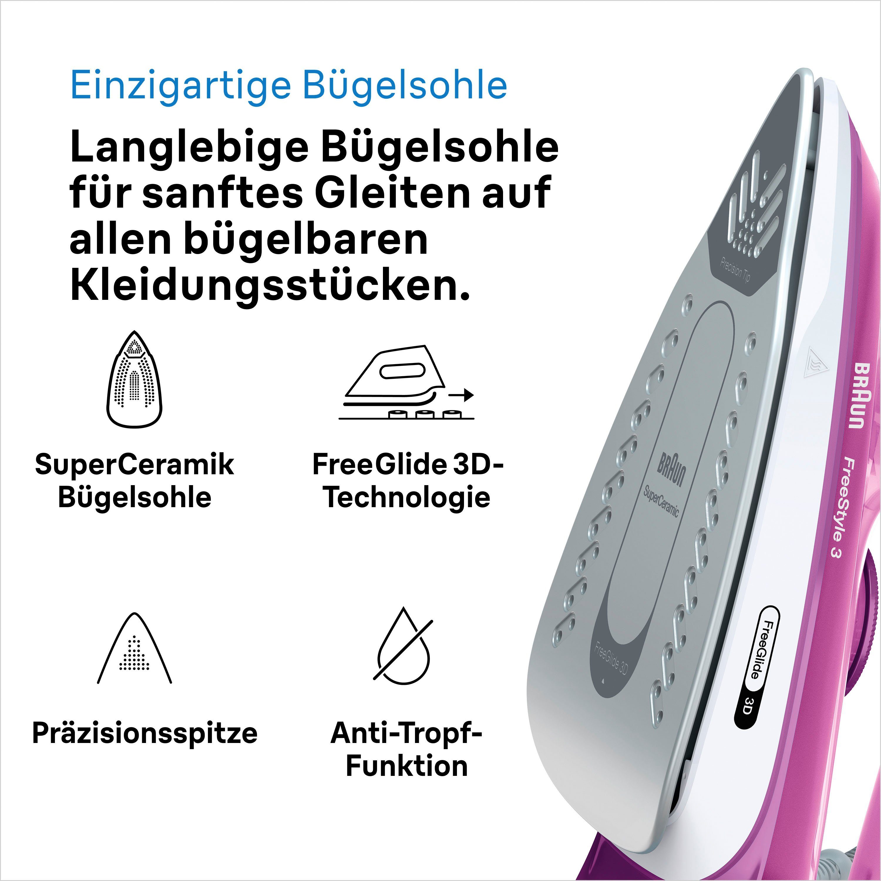 Braun Stoomstrijkijzer Braun FreeStyle 3 FI 3124 PU Dampfbügeleisen Weiß/Lila