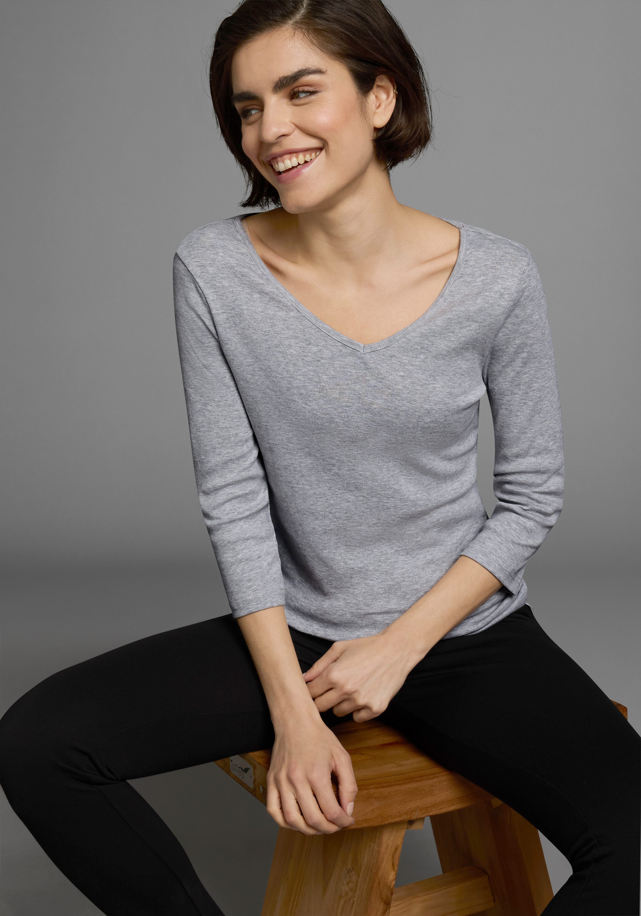 Flashlights Shirt met V-hals effen, v-hals, basic stijl, van katoen, in 2-pack (2-delig, Set van 2)