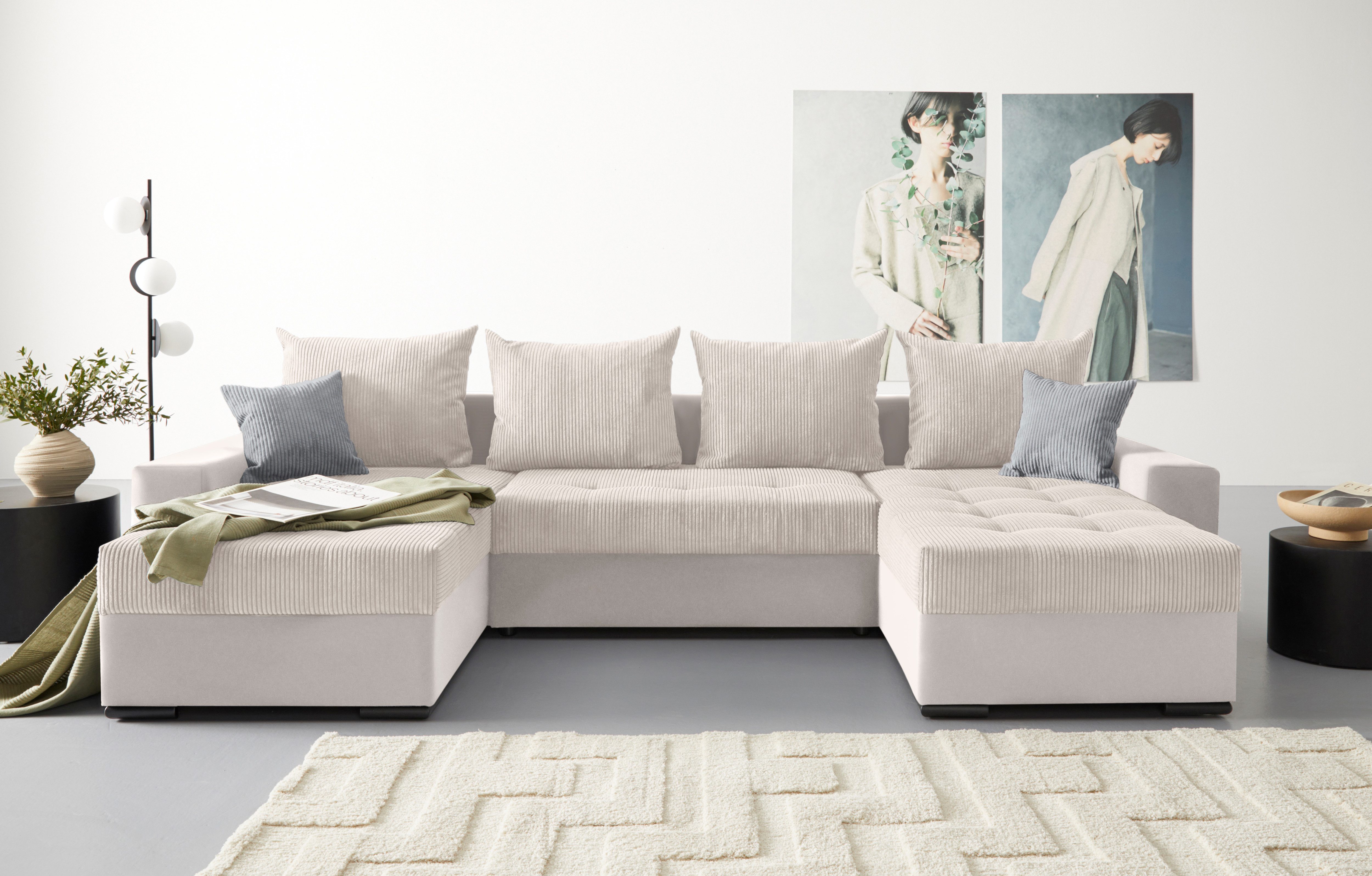 COLLECTION AB Zithoek XL-Josy U-vorm, breedte 313 cm, cord-/mix incl. bedfunctie, bedlade, met 4 gelijk grote rugkussens
