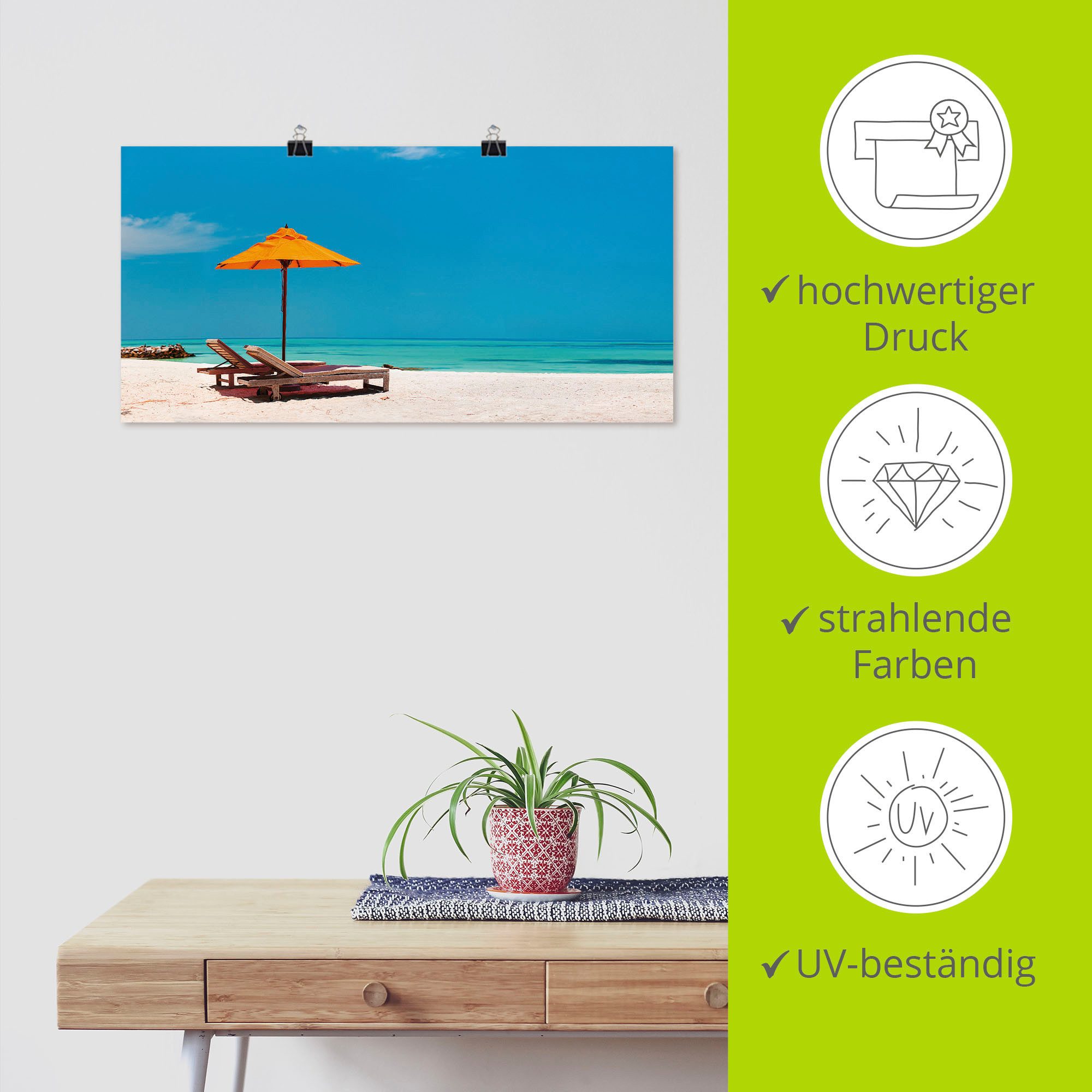 Artland Artprint Ligstoel parasol strand Malediven als artprint van aluminium, artprint voor buiten, artprint op linnen, poster, muursticker