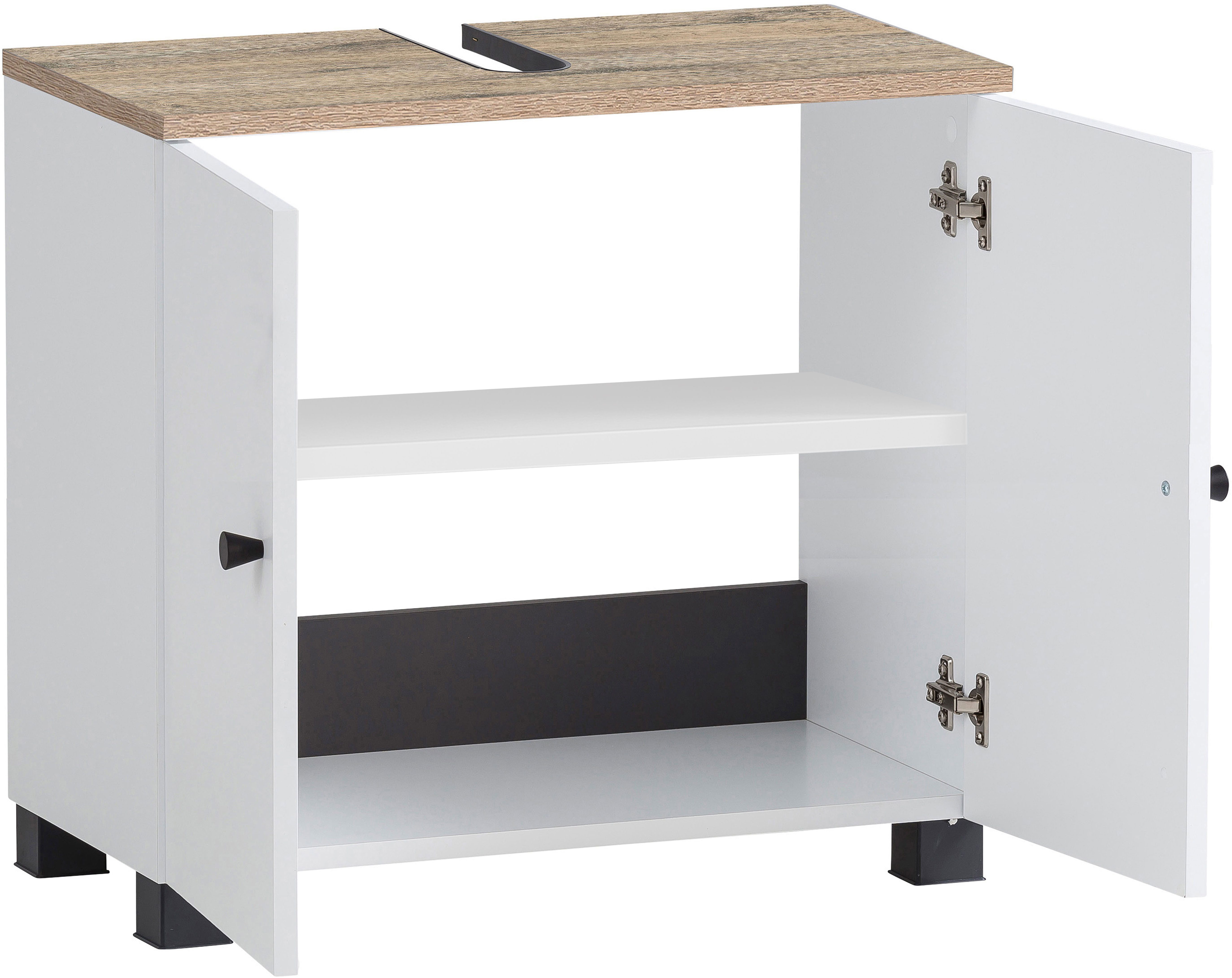 Schildmeyer Wastafelonderkast Balto, breedte 59 cm Bovenblad met voelbare houtstructuur en sifonuitsparing