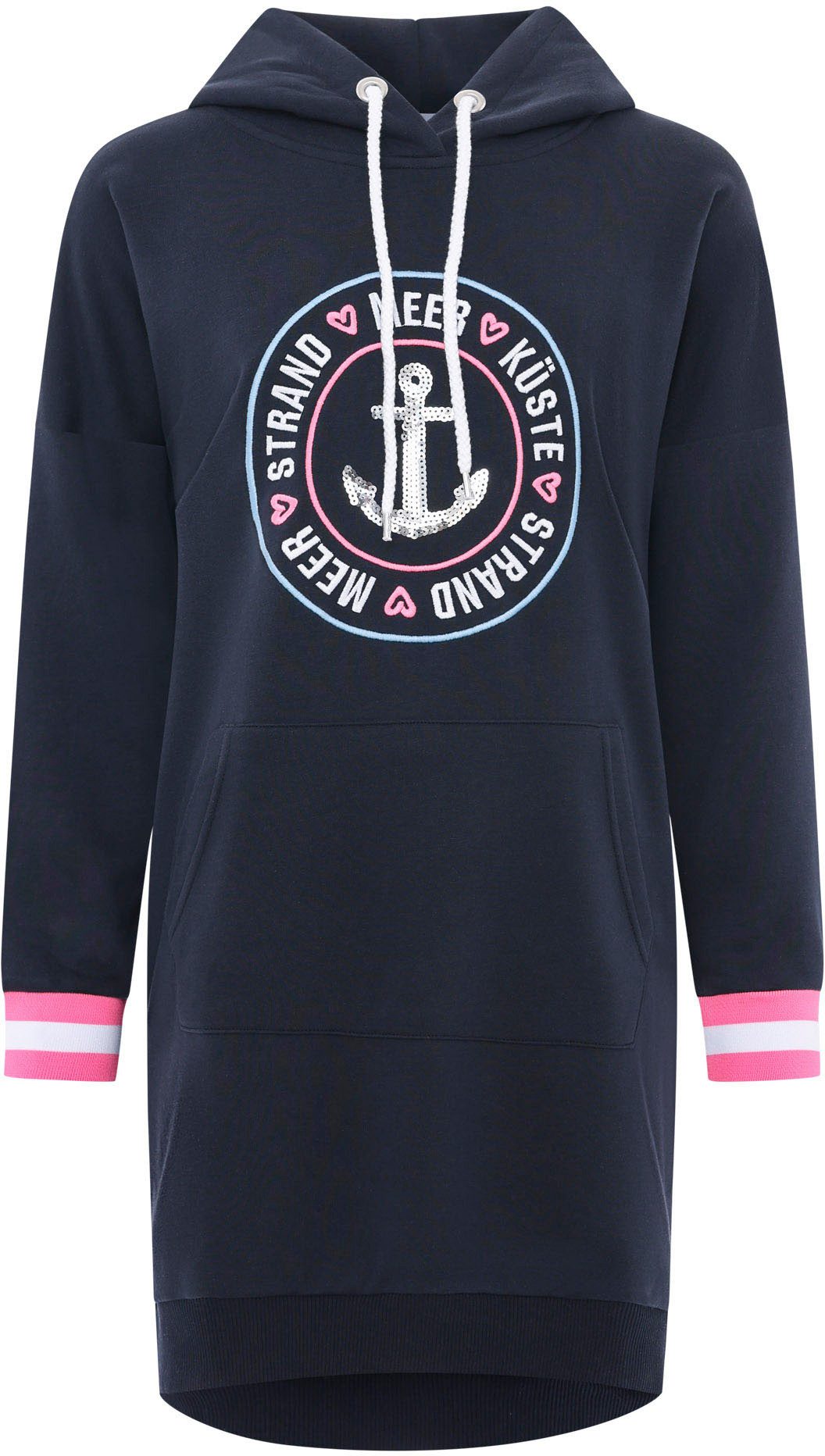 Zwillingsherz Sweatjurk met capuchon, zakken, voor- en achtermotief en boorden met neonstrepen