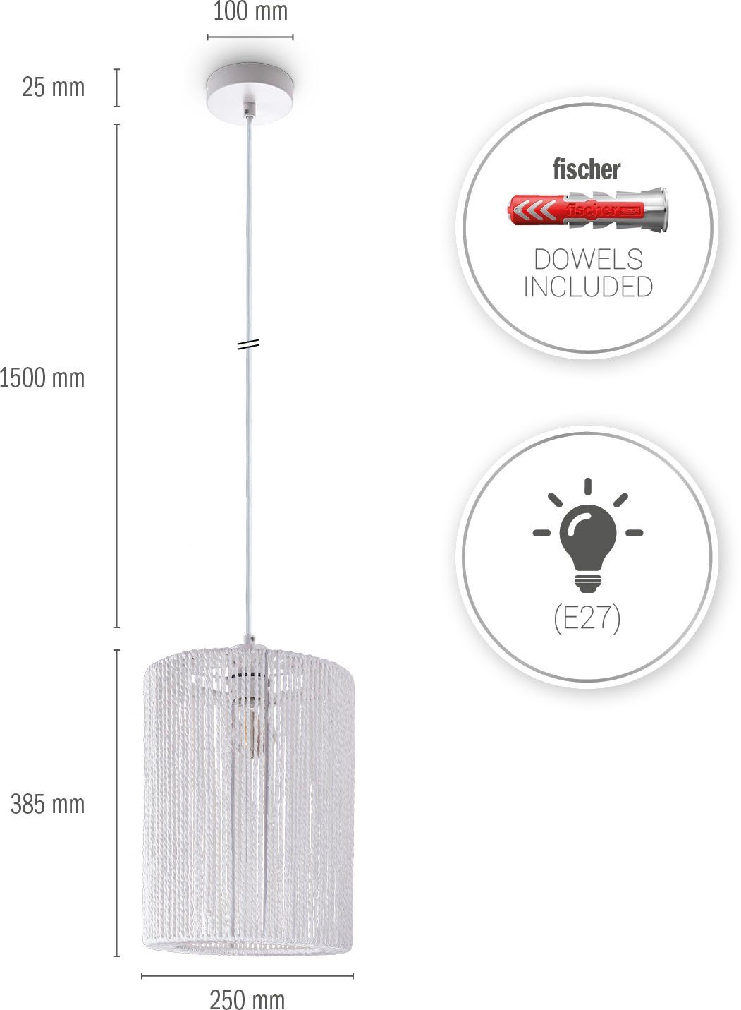 Paco Home Hanglamp Hugo Ricarda Woonkamer eetkamer rattan look Boho lampenkap papier rond