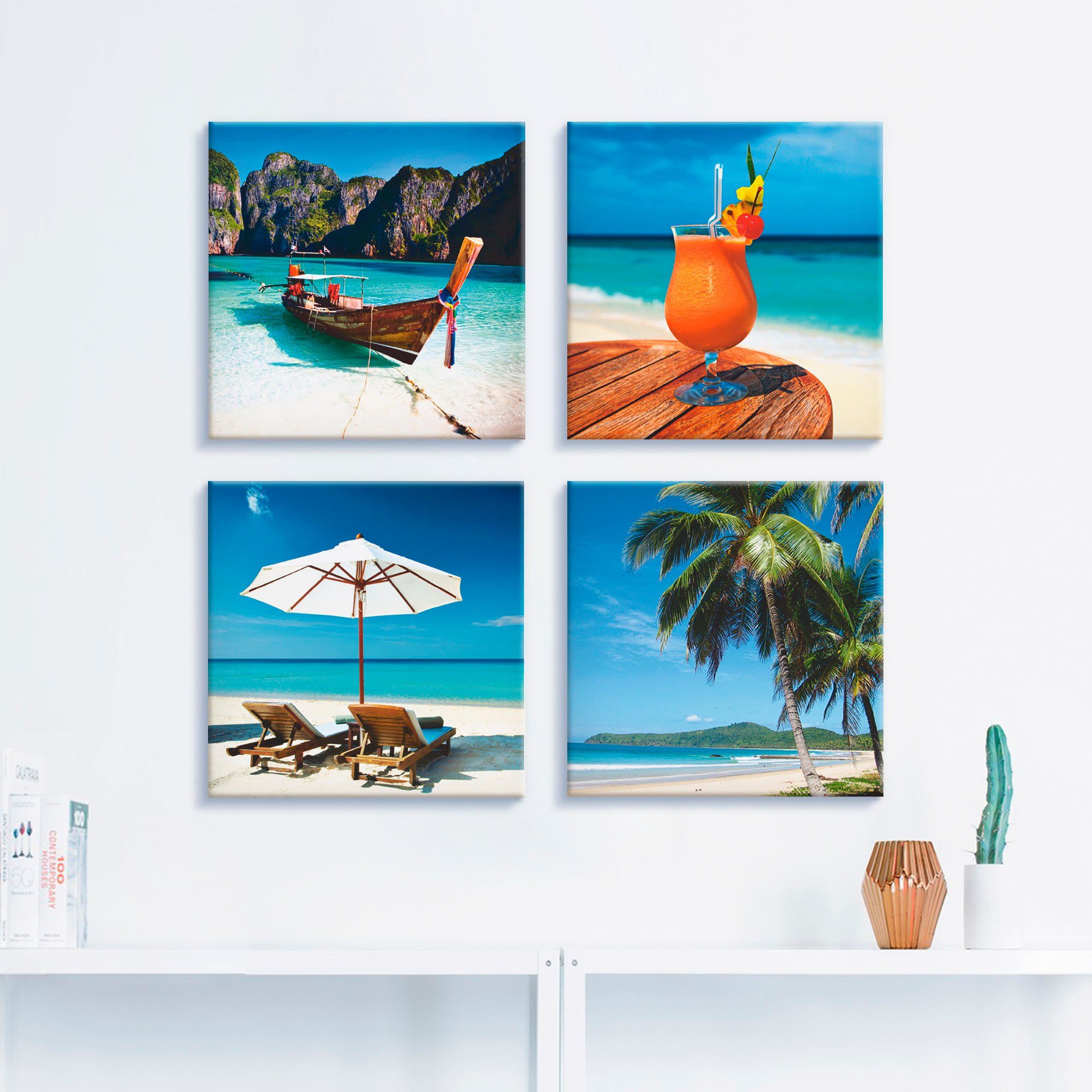 Artland Artprint op linnen Maya Bay fruitcocktail strand set van 4, verschillende maten (4-delig)